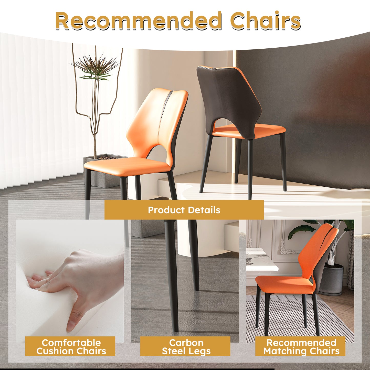 Modern orange dining chairs with black accents and slim legs
