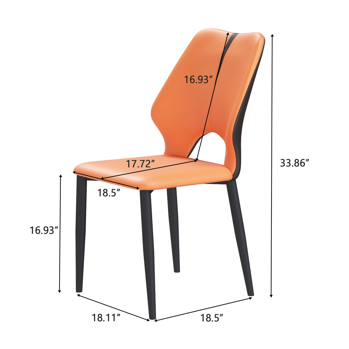 Orange modern dining chair with curved back and black metal legs