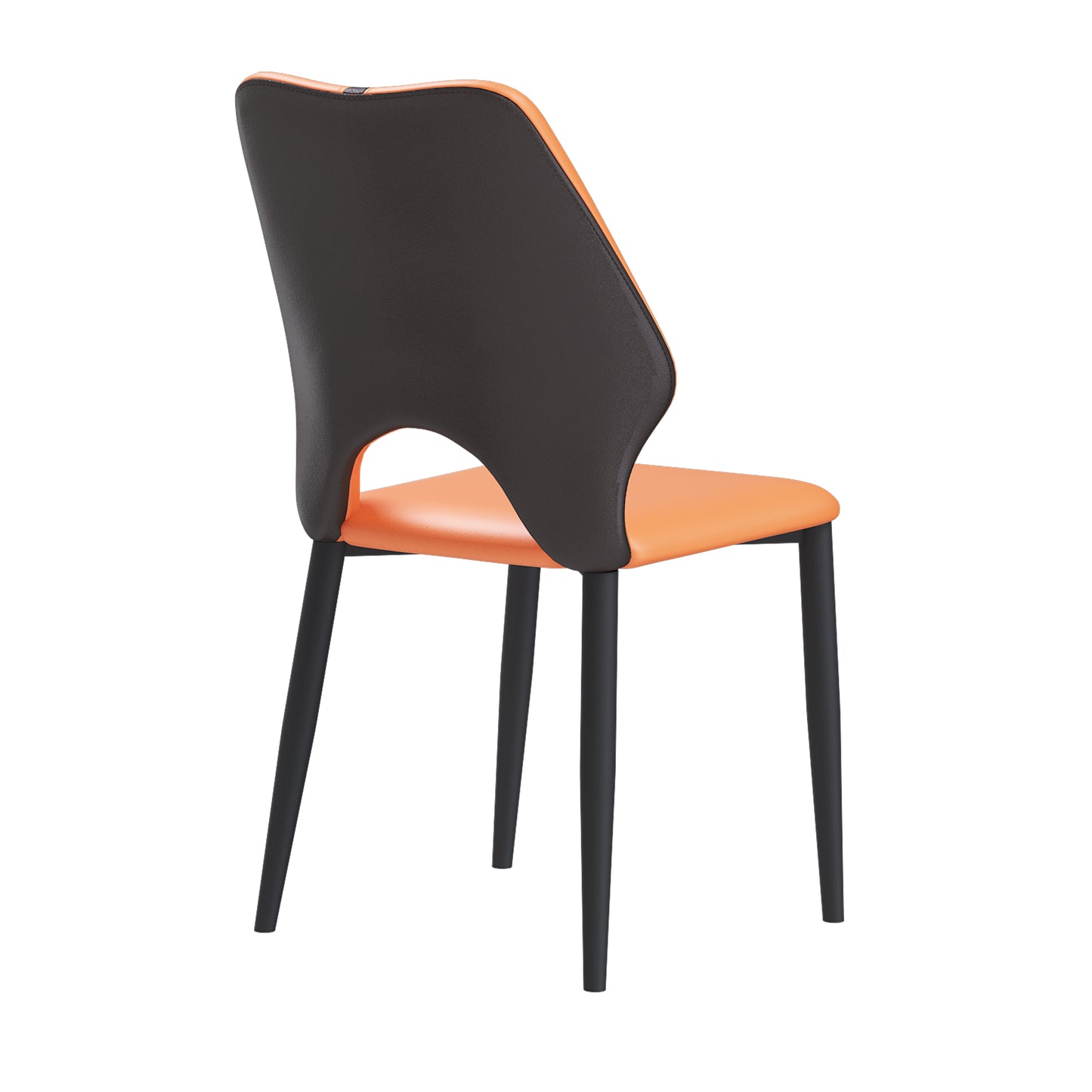 Modern dining chair with orange seat and dark grey back featuring black metal legs