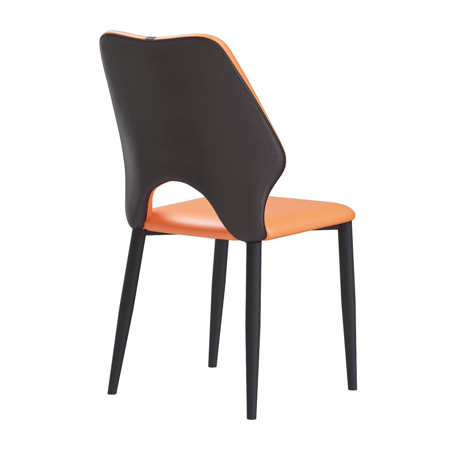 Modern dining chair with orange seat and dark grey back featuring black metal legs