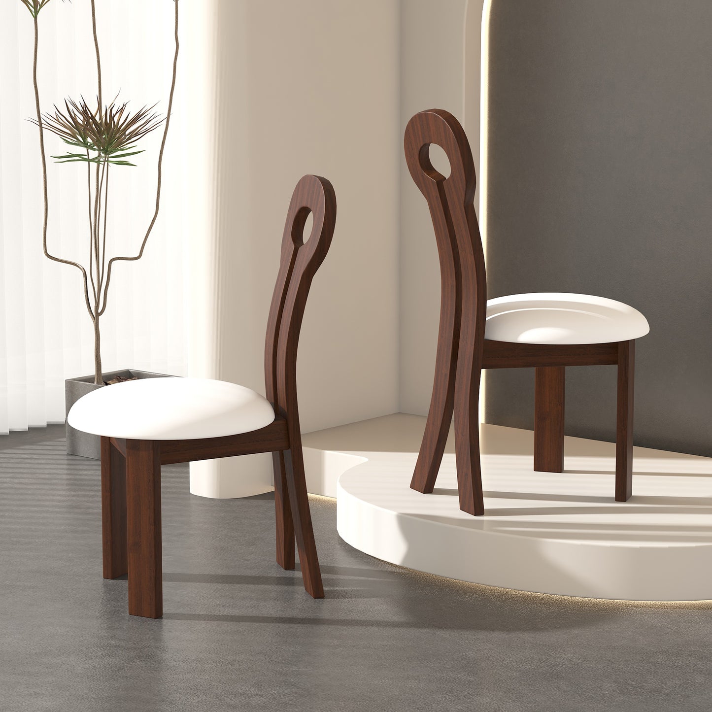 Modern dark wood dining chair with white cushion and curved back