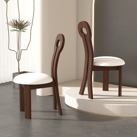 Modern dark wood dining chair with white cushion and curved back