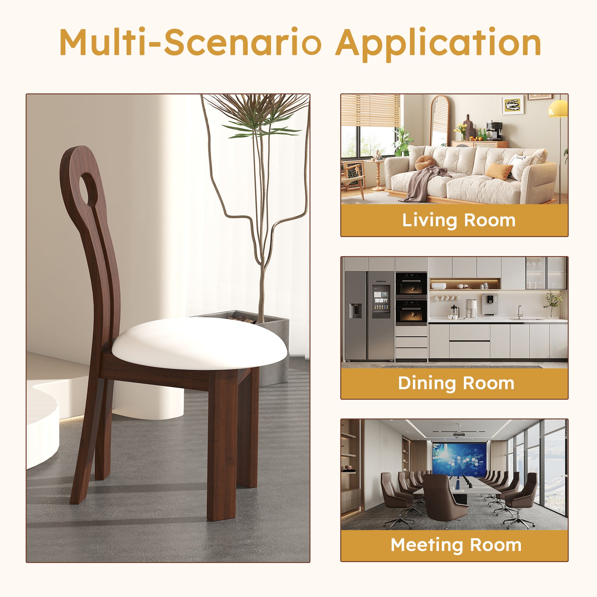 Dark wood dining chair with white seat cushion and unique curved backrest