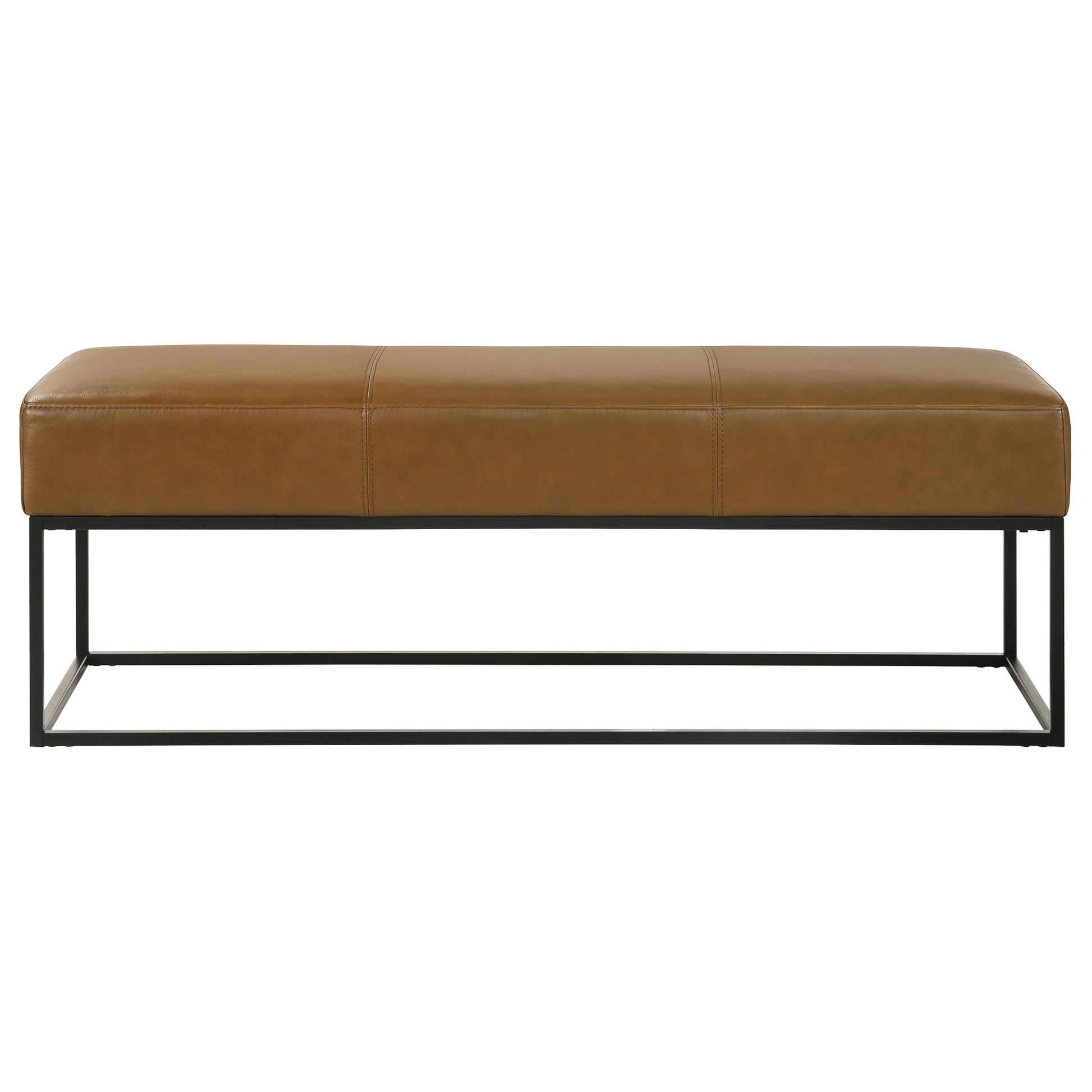 Brown leather bench with stitched detailing and a matte black metal frame