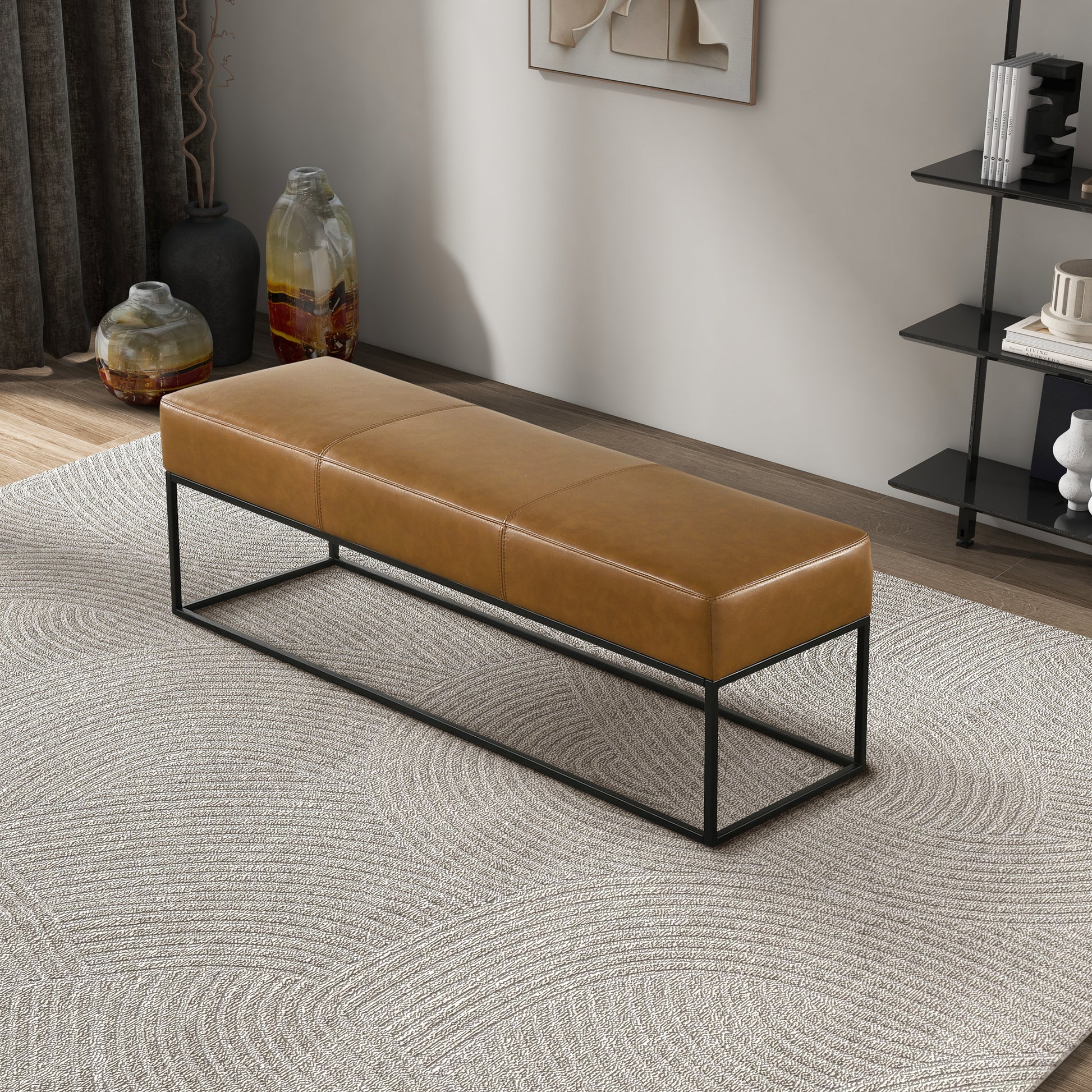Tan leather bench with black metal frame modern minimalist design