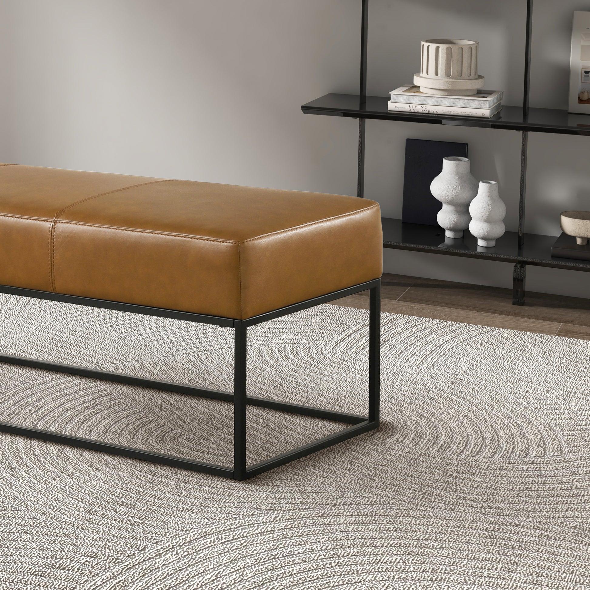 Tan leather rectangular bench with black metal frame modern design