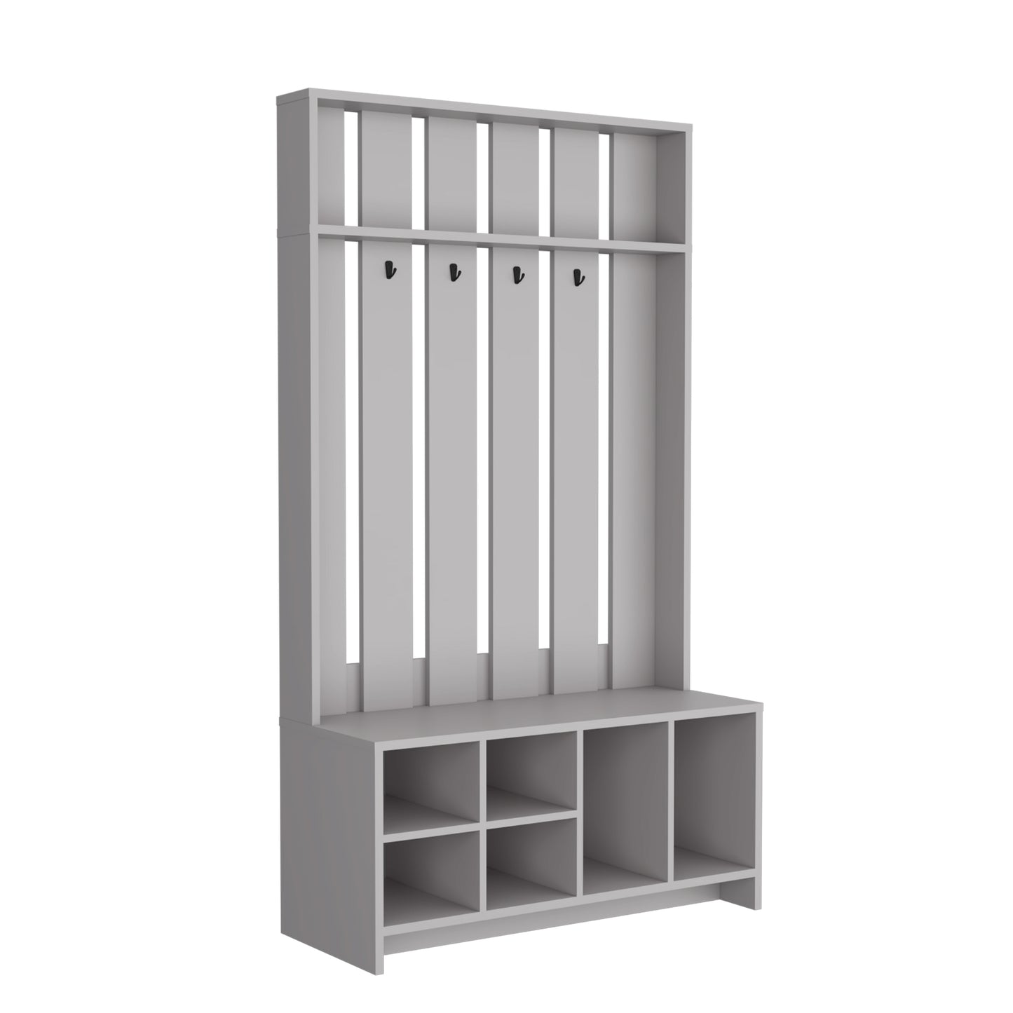 Gray wooden hall tree with hooks and shoe storage shelves