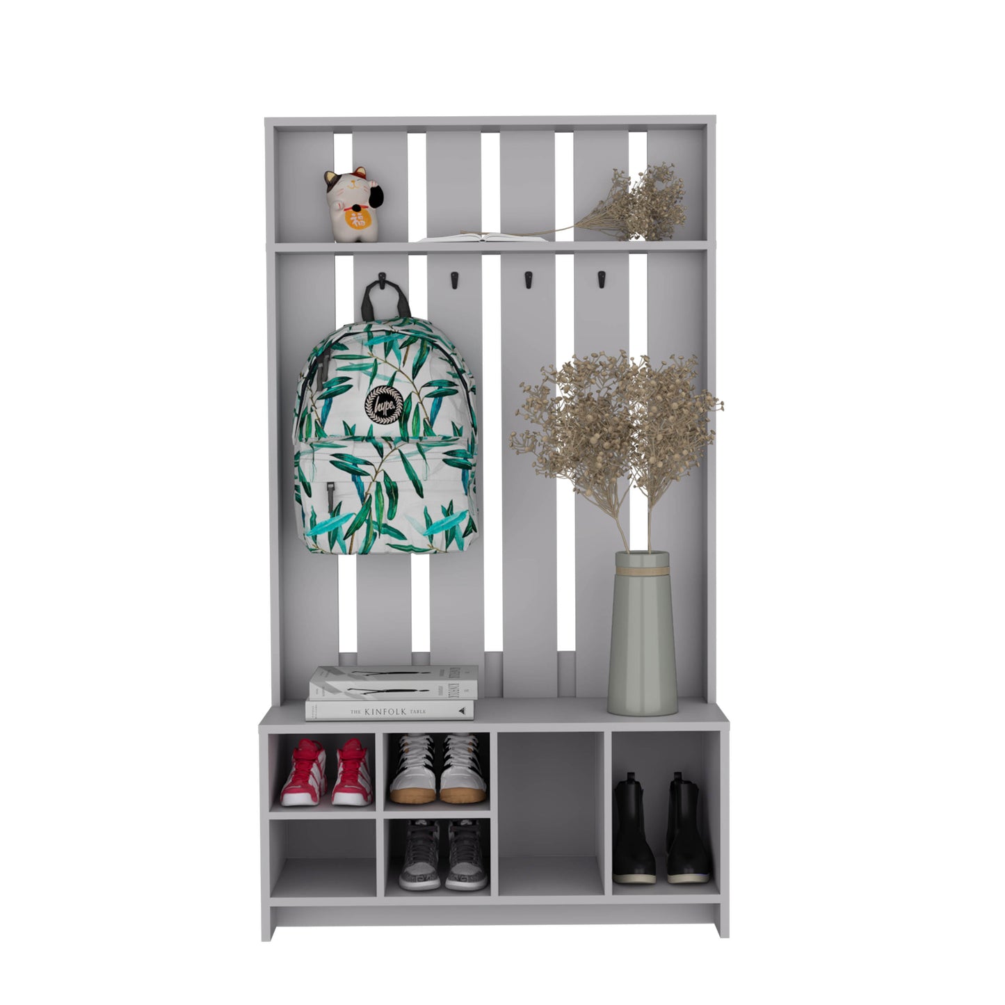 Gray entryway organizer with white bamboo leaf print backpack and hook hangers