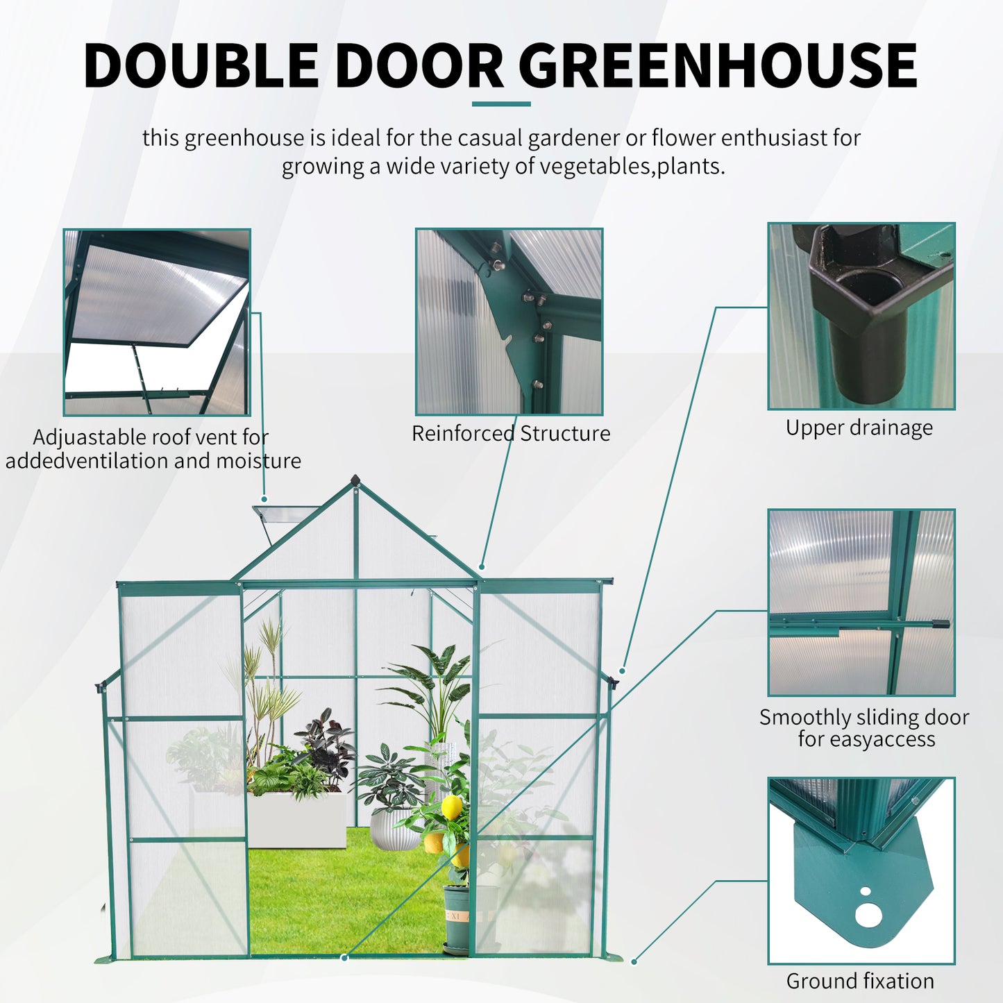 Green double door greenhouse with adjustable roof vent for optimal ventilation