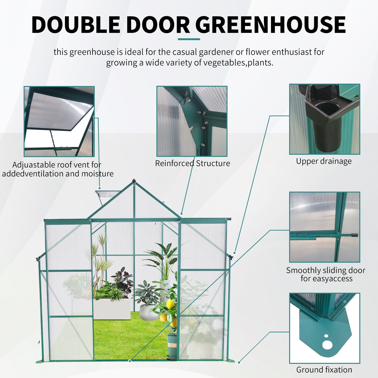Green double door greenhouse with adjustable roof vent for optimal ventilation