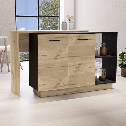 Modern kitchen island with light oak cabinets and black accents