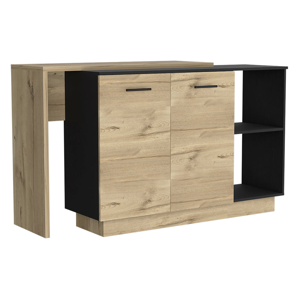 Modern oak and black sideboard with extendable table  drawers and open shelves