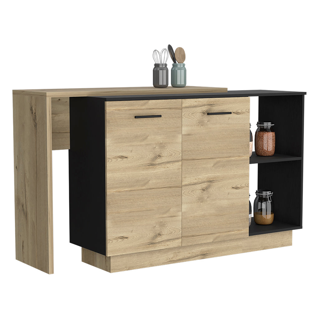 Modern oak and black kitchen sideboard with pullout breakfast bar and glass jars