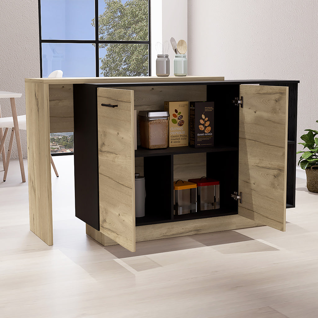 Oak finish sideboard with black accents open doors revealing kitchen storage and cereal boxes