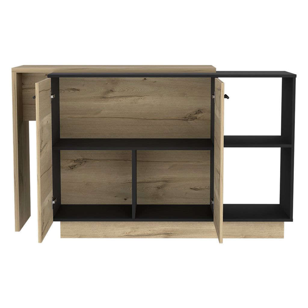 Modern oak and black buffet with open doors and shelves