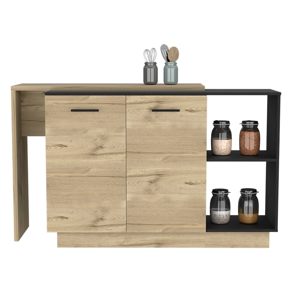 Light oak wood kitchen sideboard with black handles and two open shelves holding jars