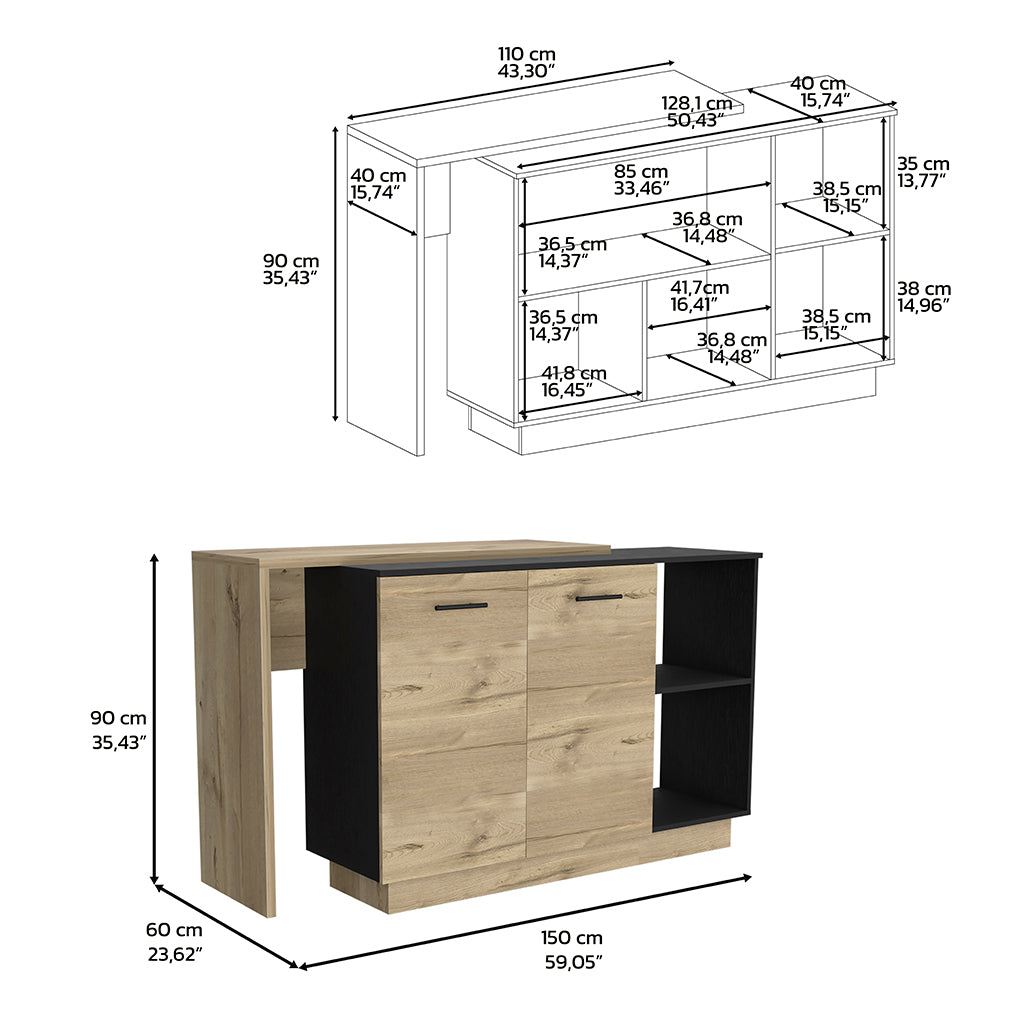 Modern kitchen island with oak veneer and black accents cm wide