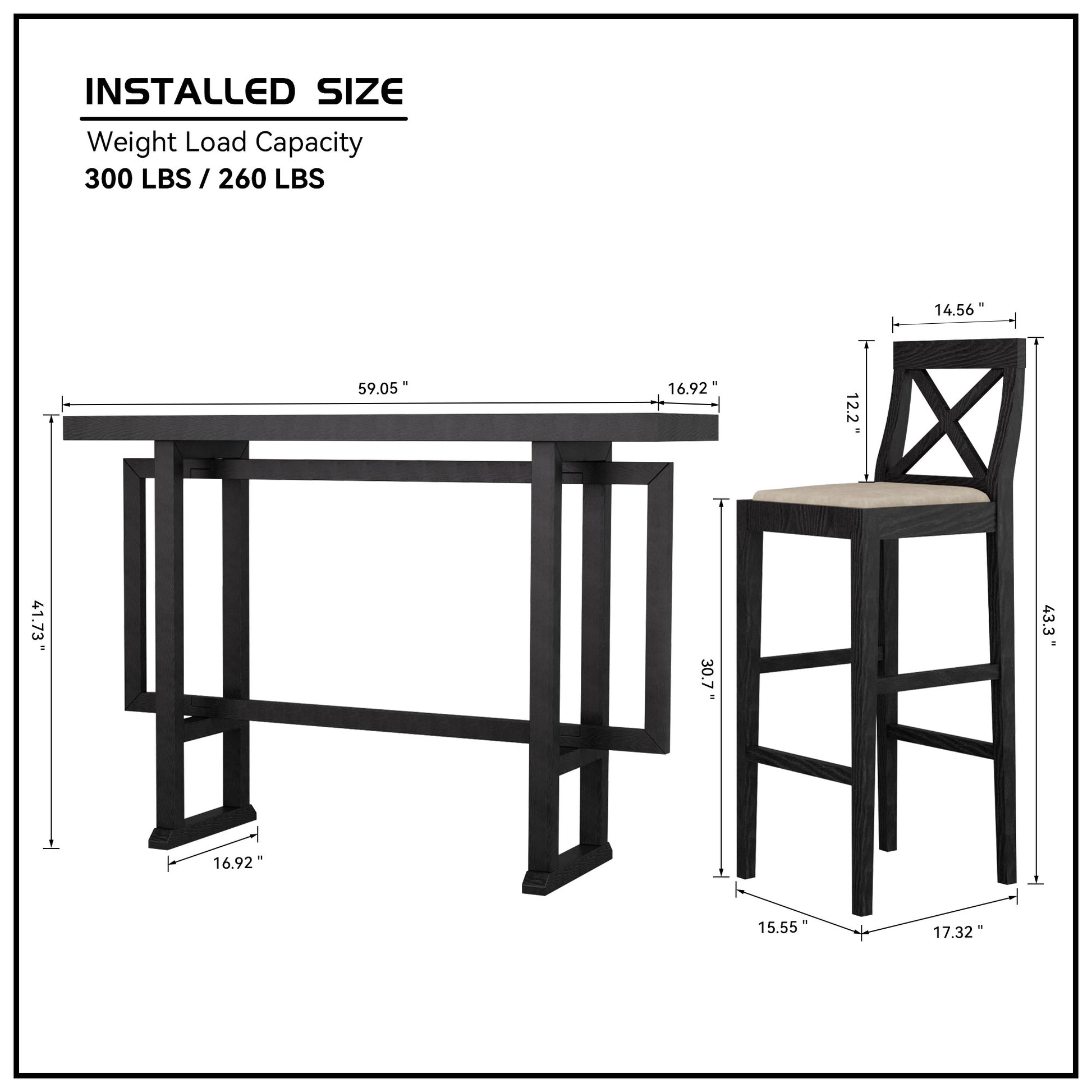 Black wooden bar table with modern design and dimensions