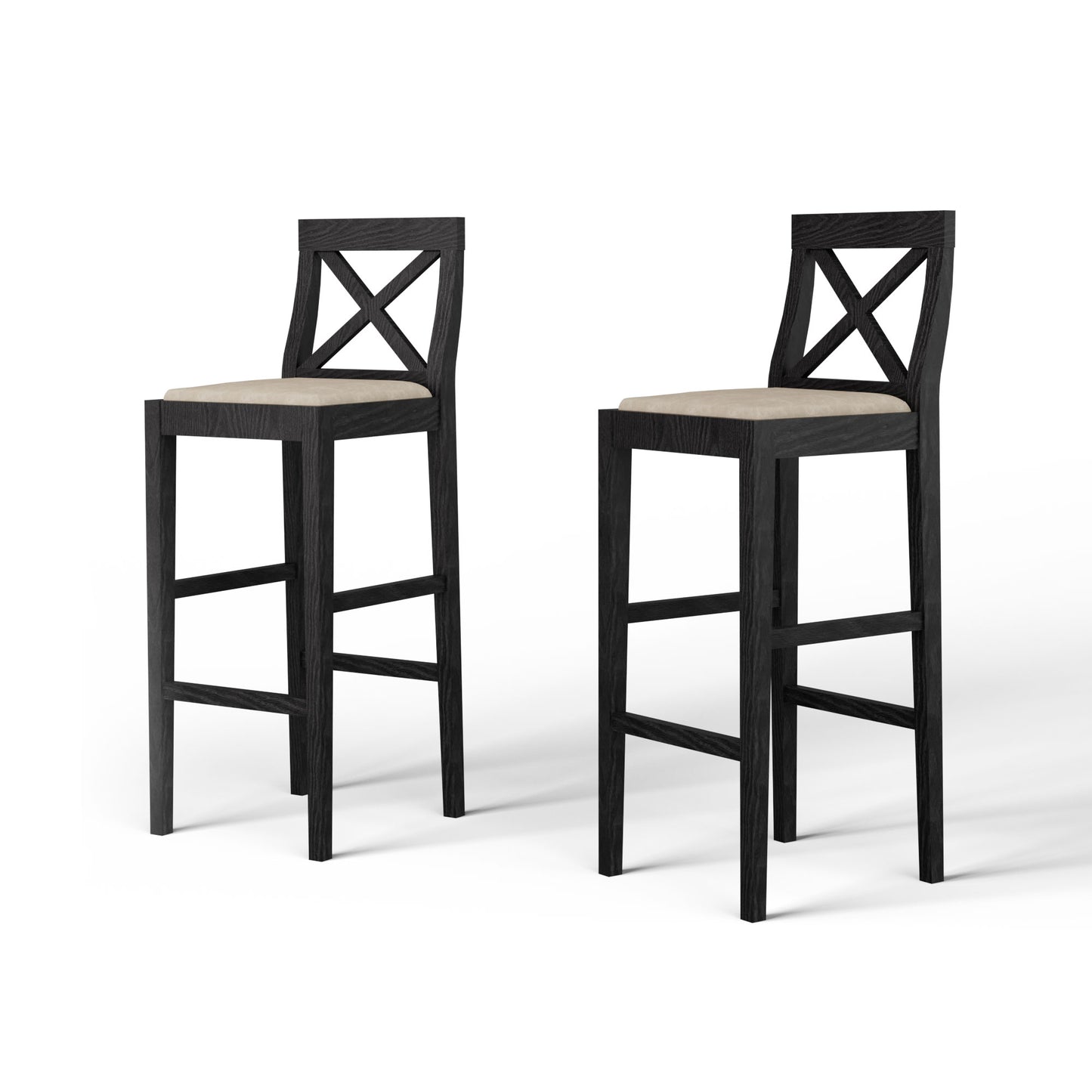 Two dark wood bar stools with beige upholstered seats and Xback design