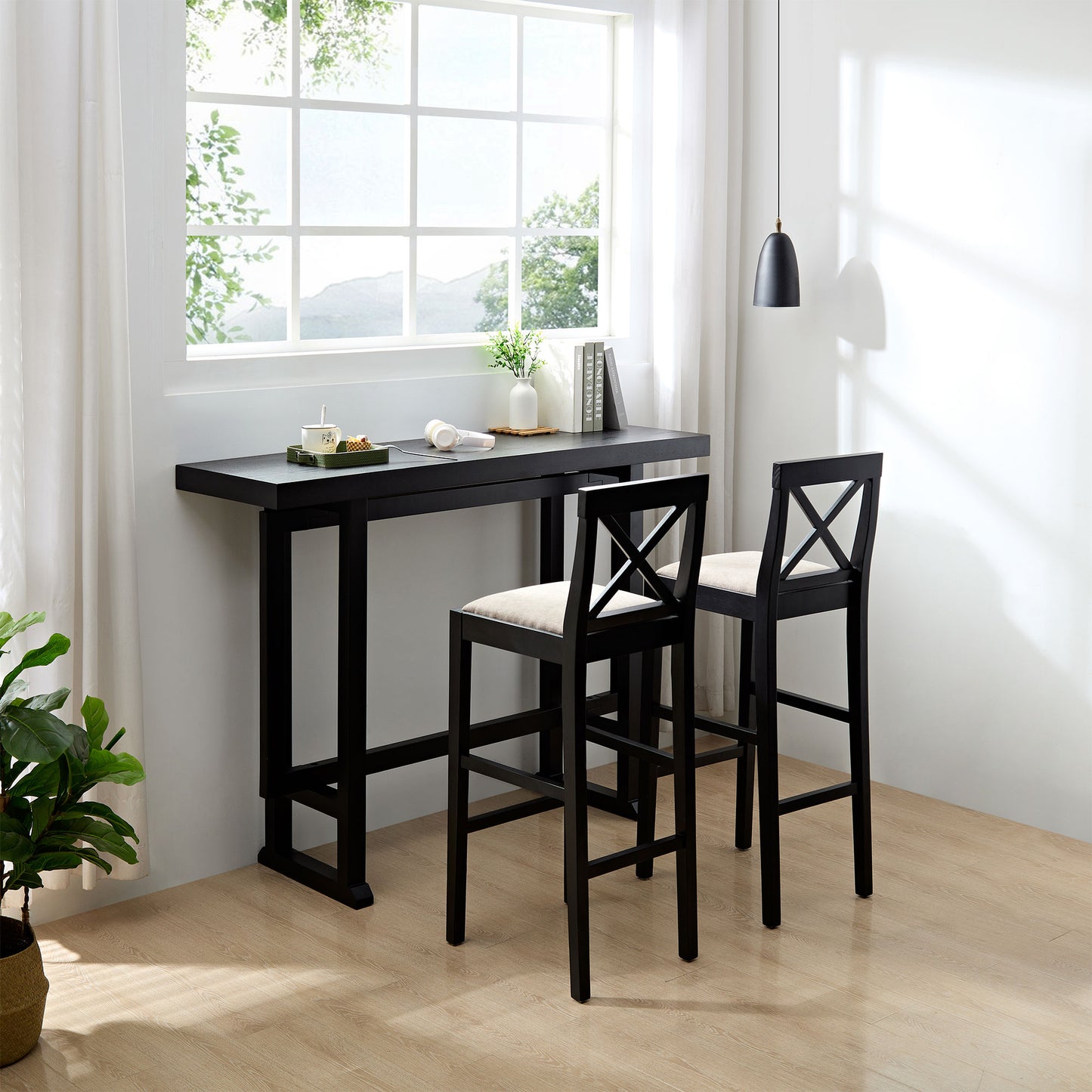 Black wood bar stool with cushioned seat and crossback design