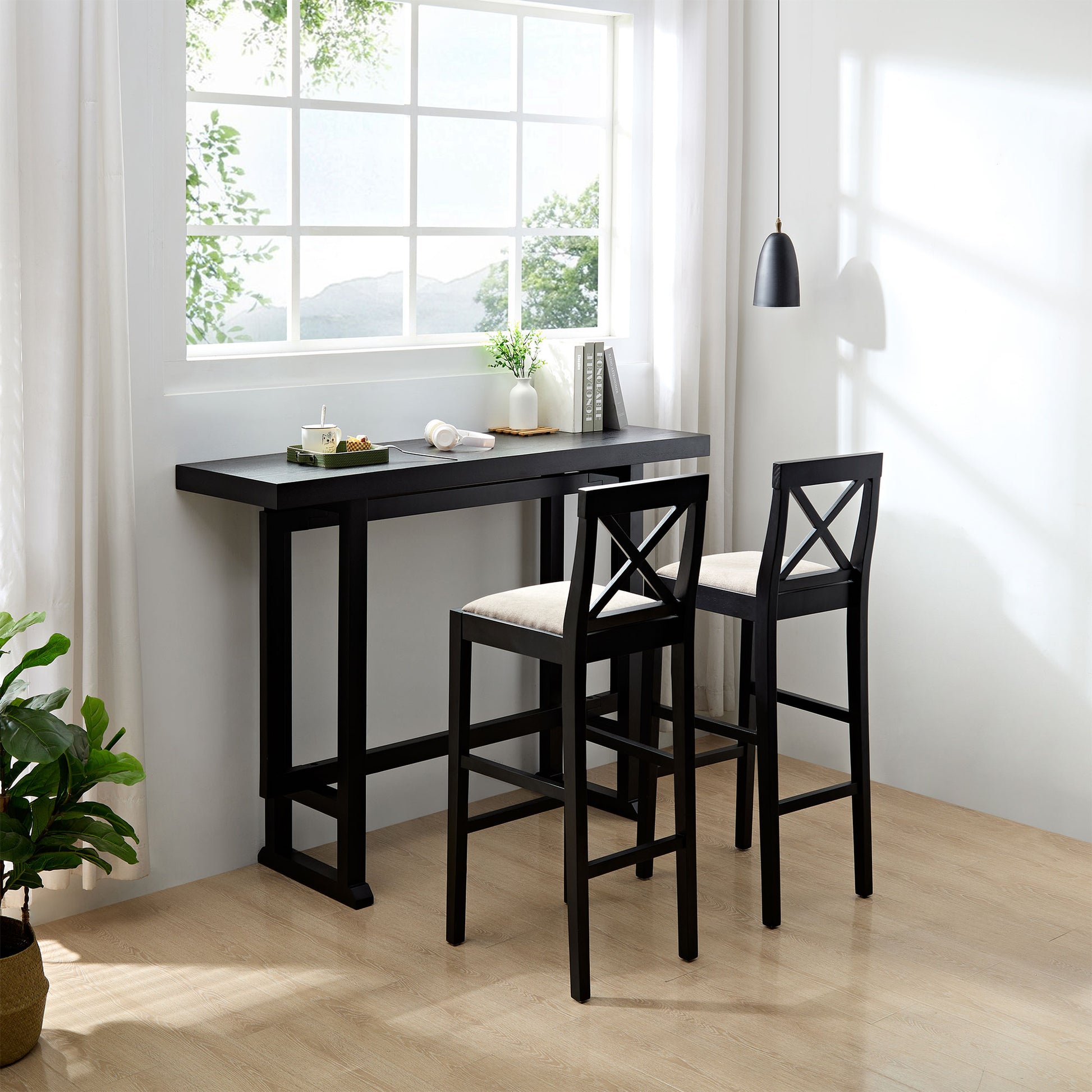 Black wood bar stool with cushioned seat and crossback design