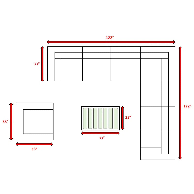 Diagram of sectional sofa configuration  inches total length  inches depth
