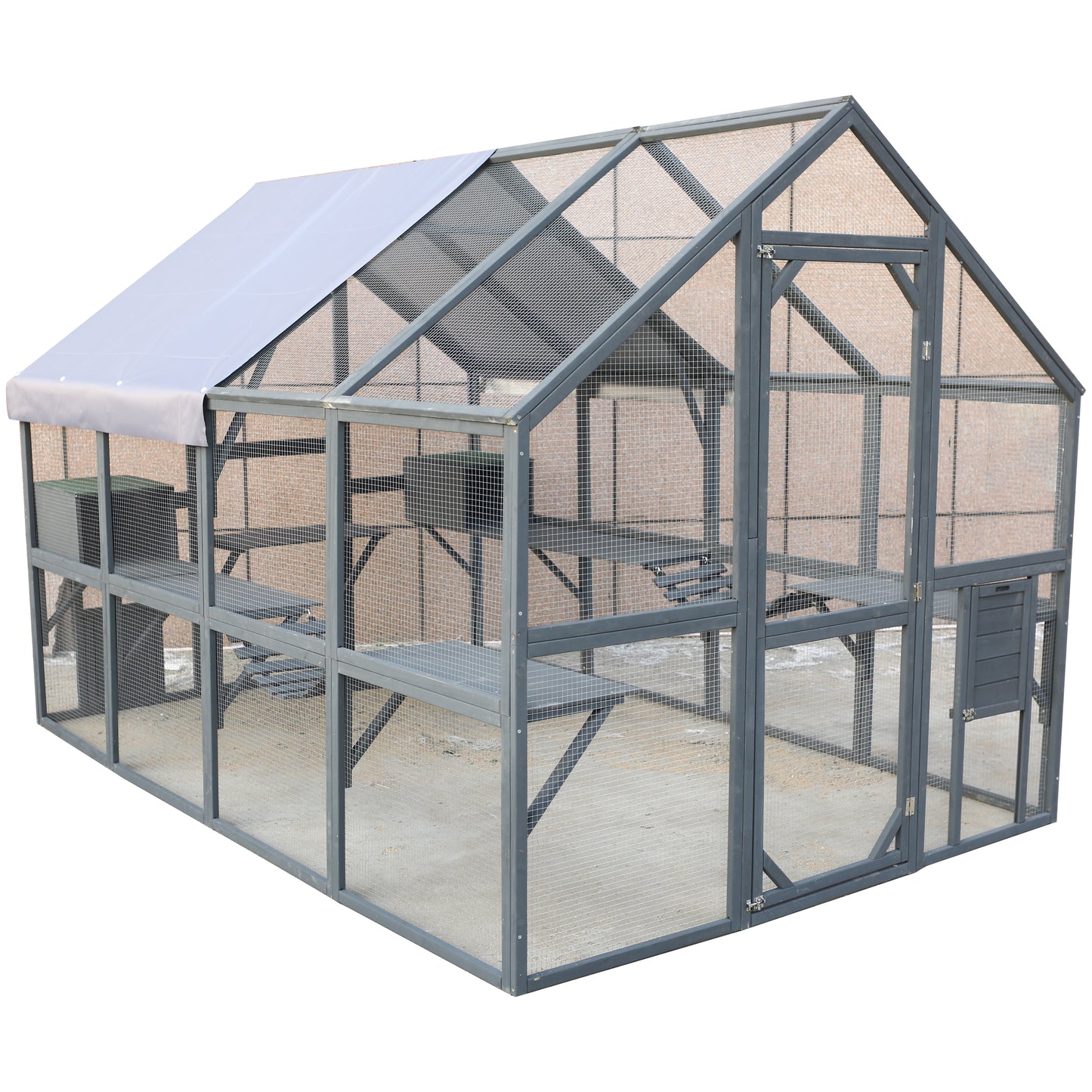 Spacious grey wooden outdoor cat enclosure with multiple levels and roof cover