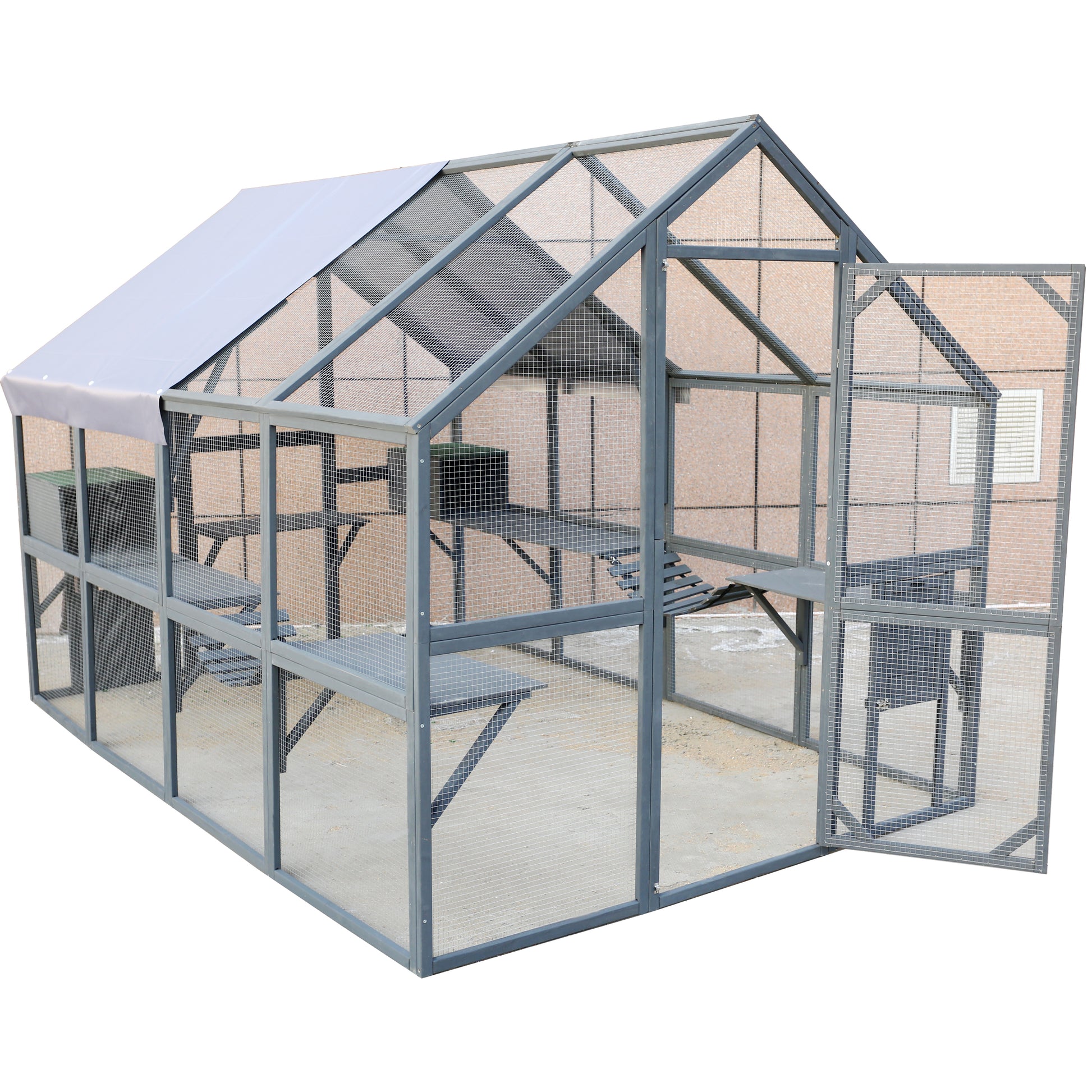 Gray outdoor catio with multiple levels and a peaked roof perfect for secure pet play