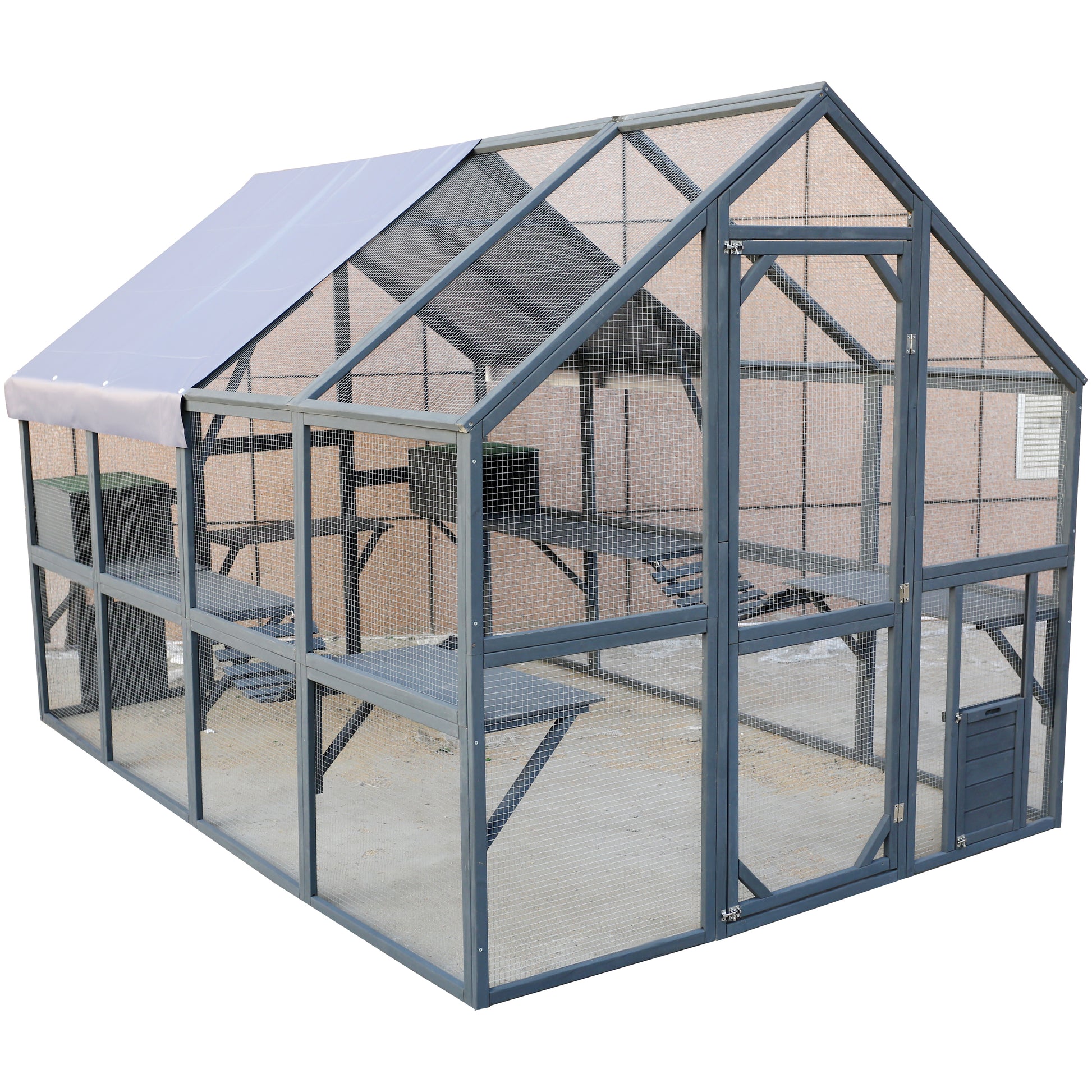 Spacious grey wooden catio with multiple levels and secure mesh enclosure for outdoor feline adventures