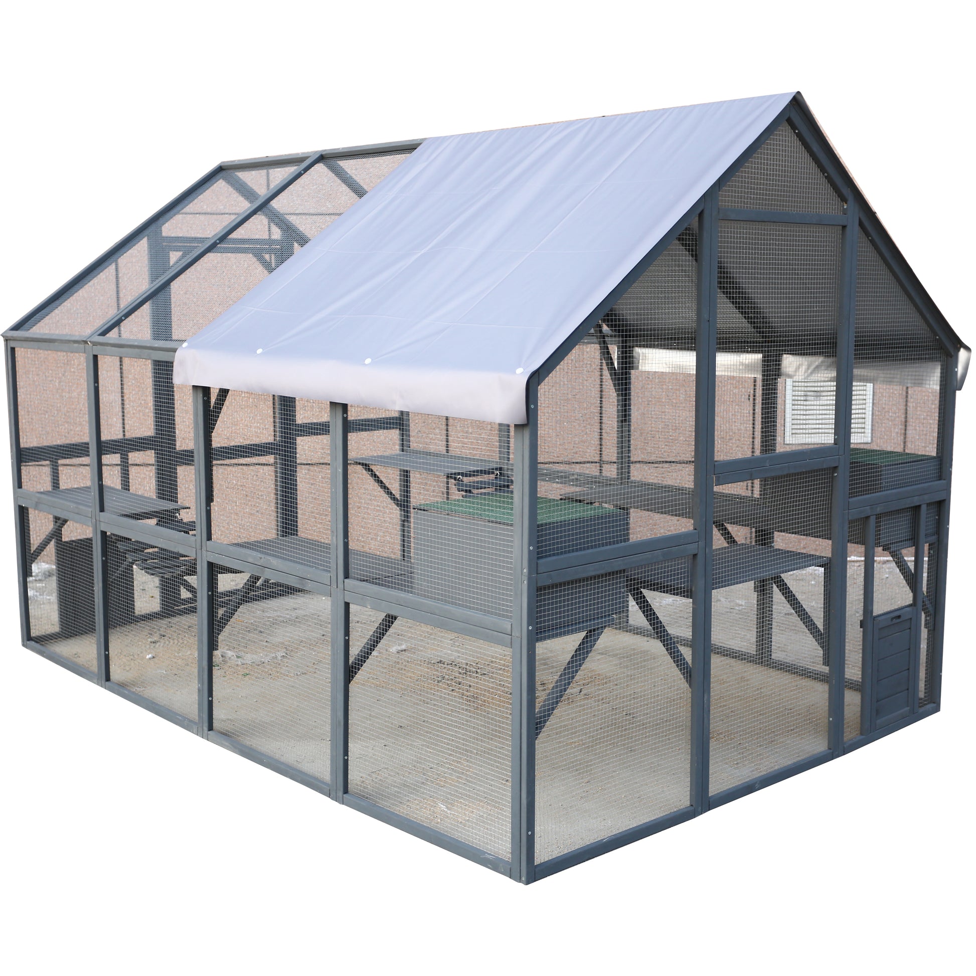 Spacious grey wooden chicken coop with multiple perches and a grey waterproof roof