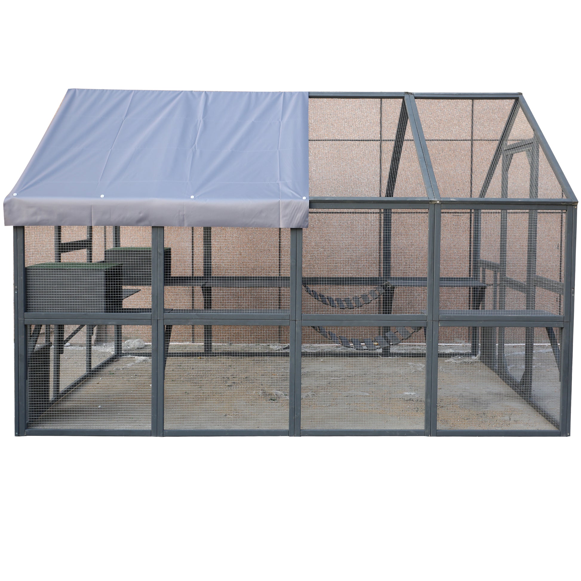 Spacious outdoor pet enclosure with grey frame wire mesh walls and a waterresistant roof cover