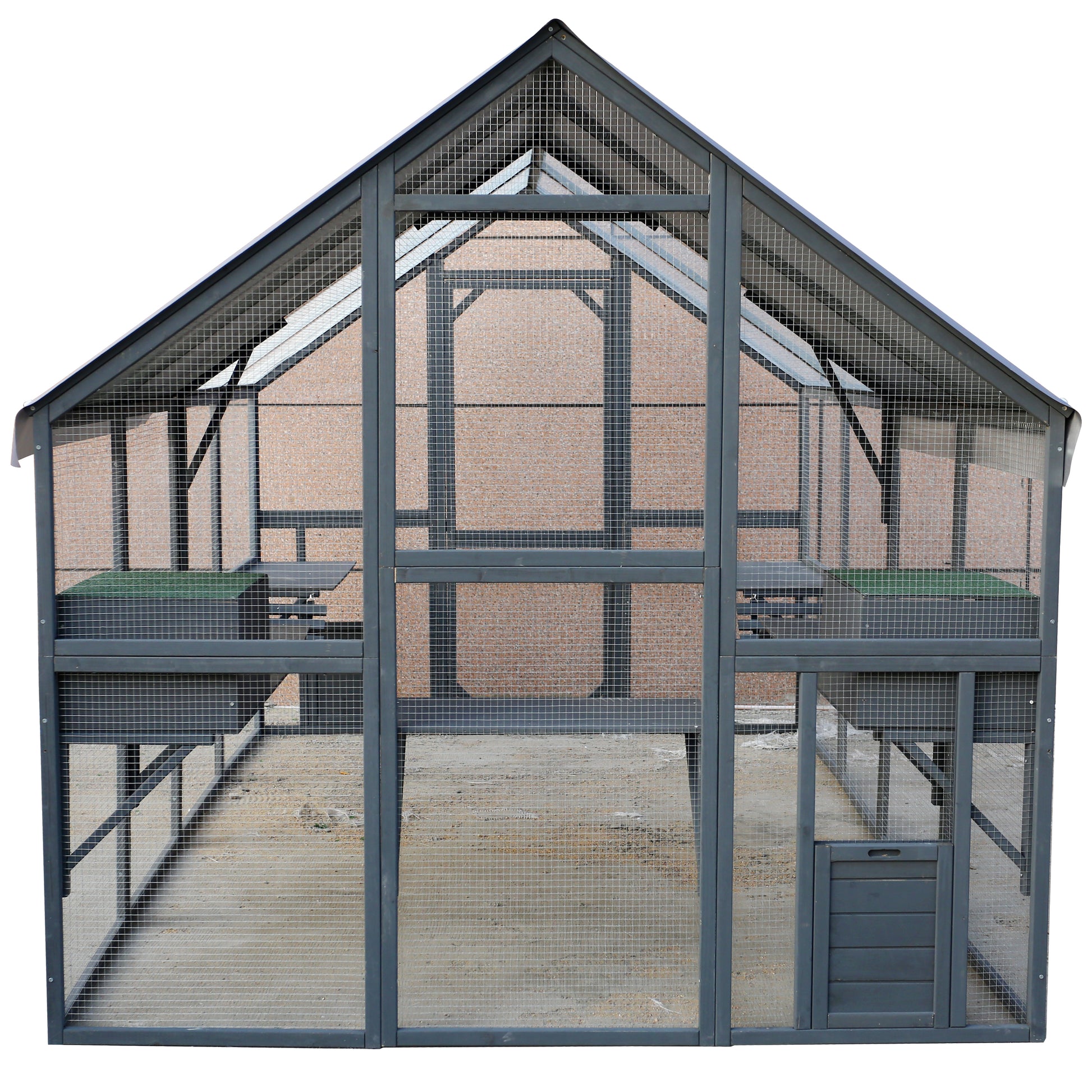 Spacious grey wooden chicken coop with multiple levels and roosting boxes