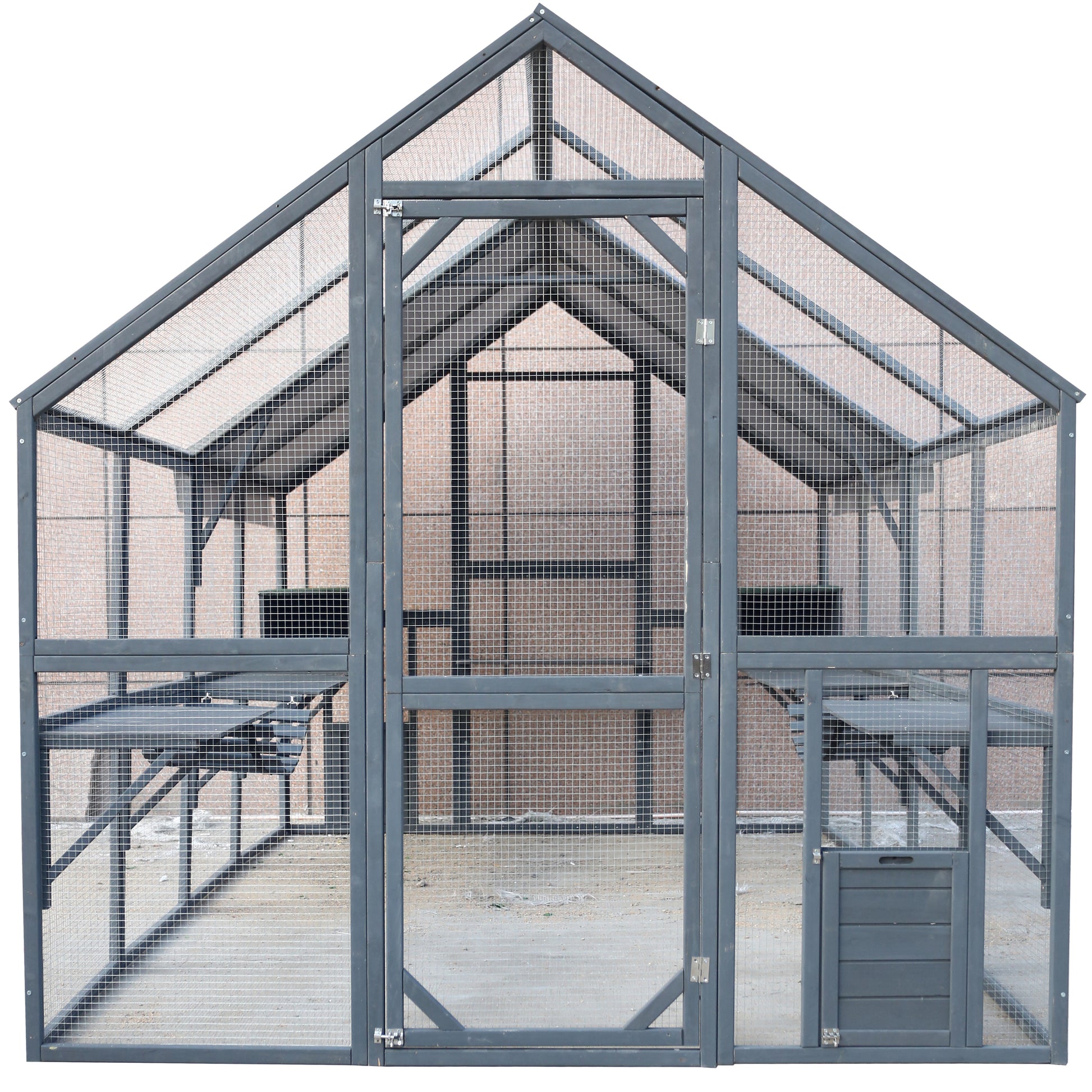 Large grey wooden aviary with mesh enclosure and multiple access doors