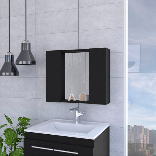 Modern black vanity cabinet with white sink and chrome faucet