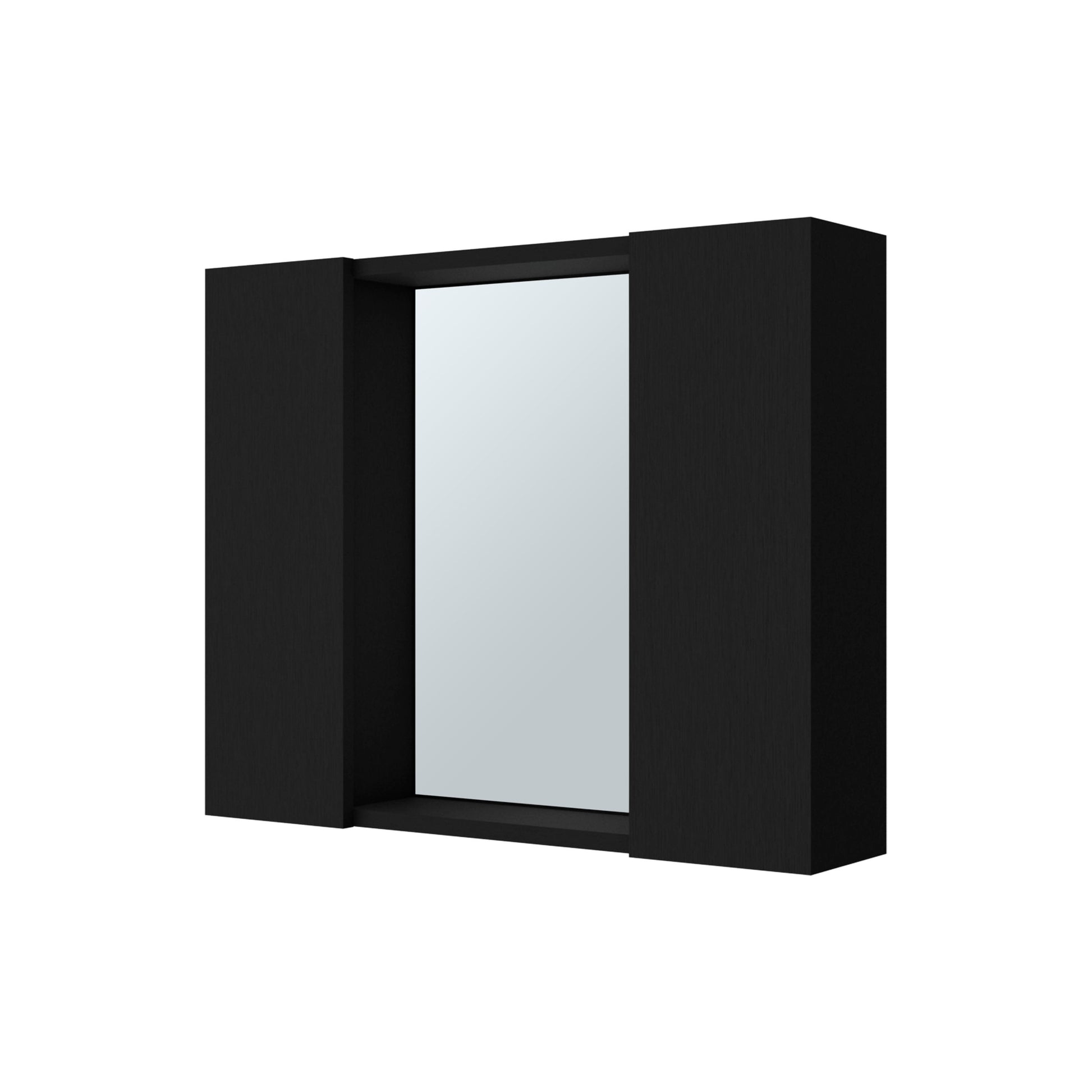 Sleek black framed wall mirror with textured side panels for modern bathroom vanity