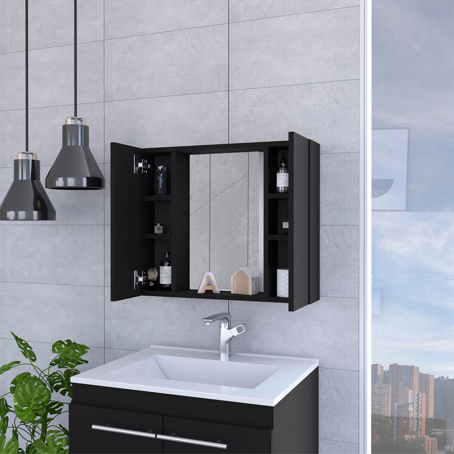 Black modern medicine cabinet with mirrored doors and open shelving cm wide