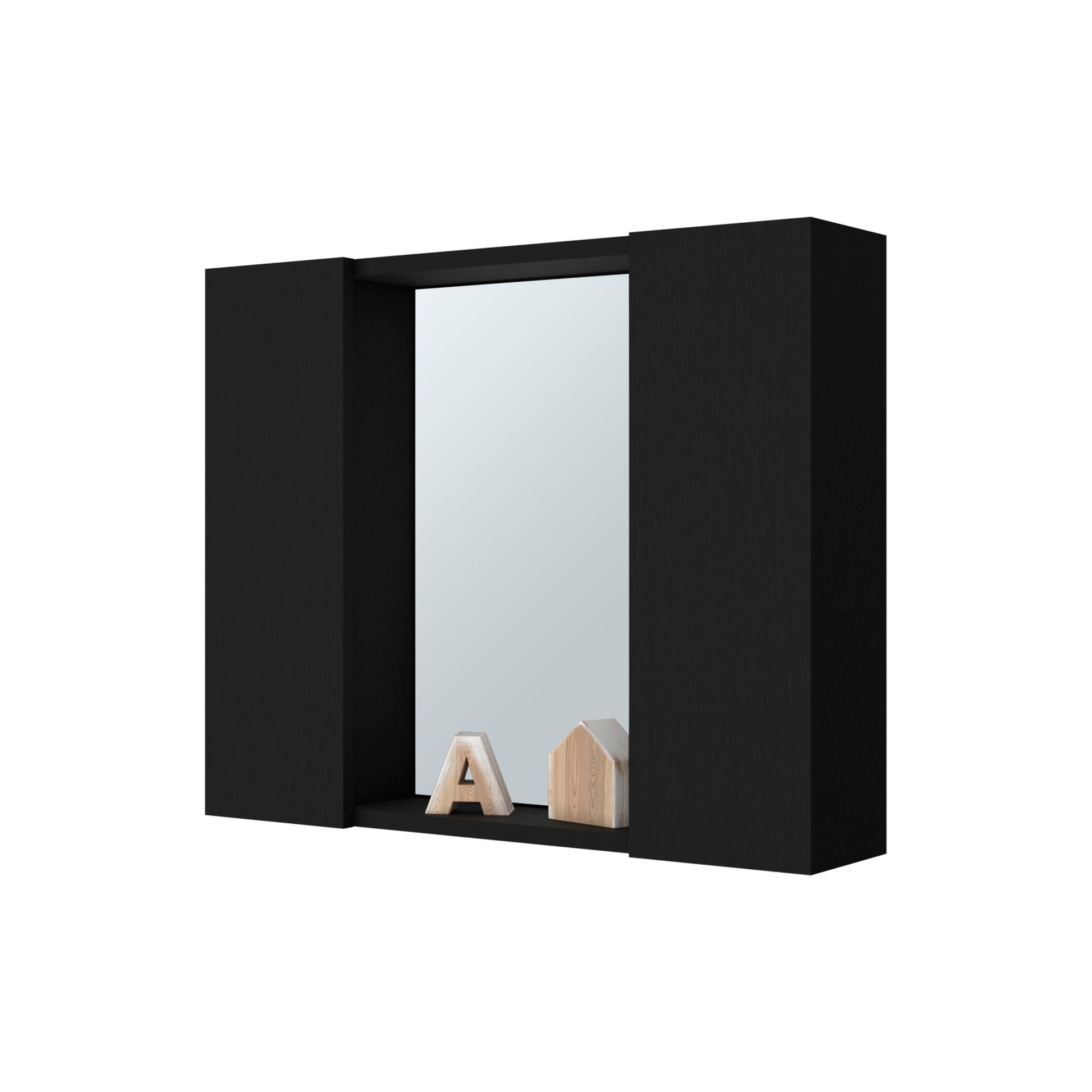 Modern black wall shelf with integrated mirror and decorative wooden letter A
