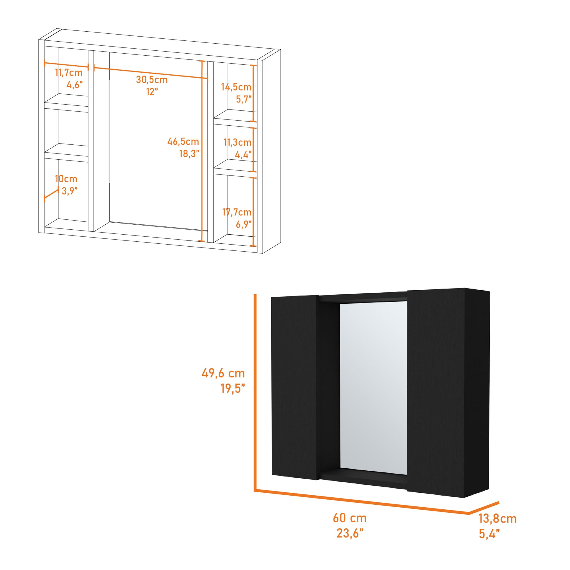Line drawing of a black medicine cabinet with open shelves and dimensions labelled