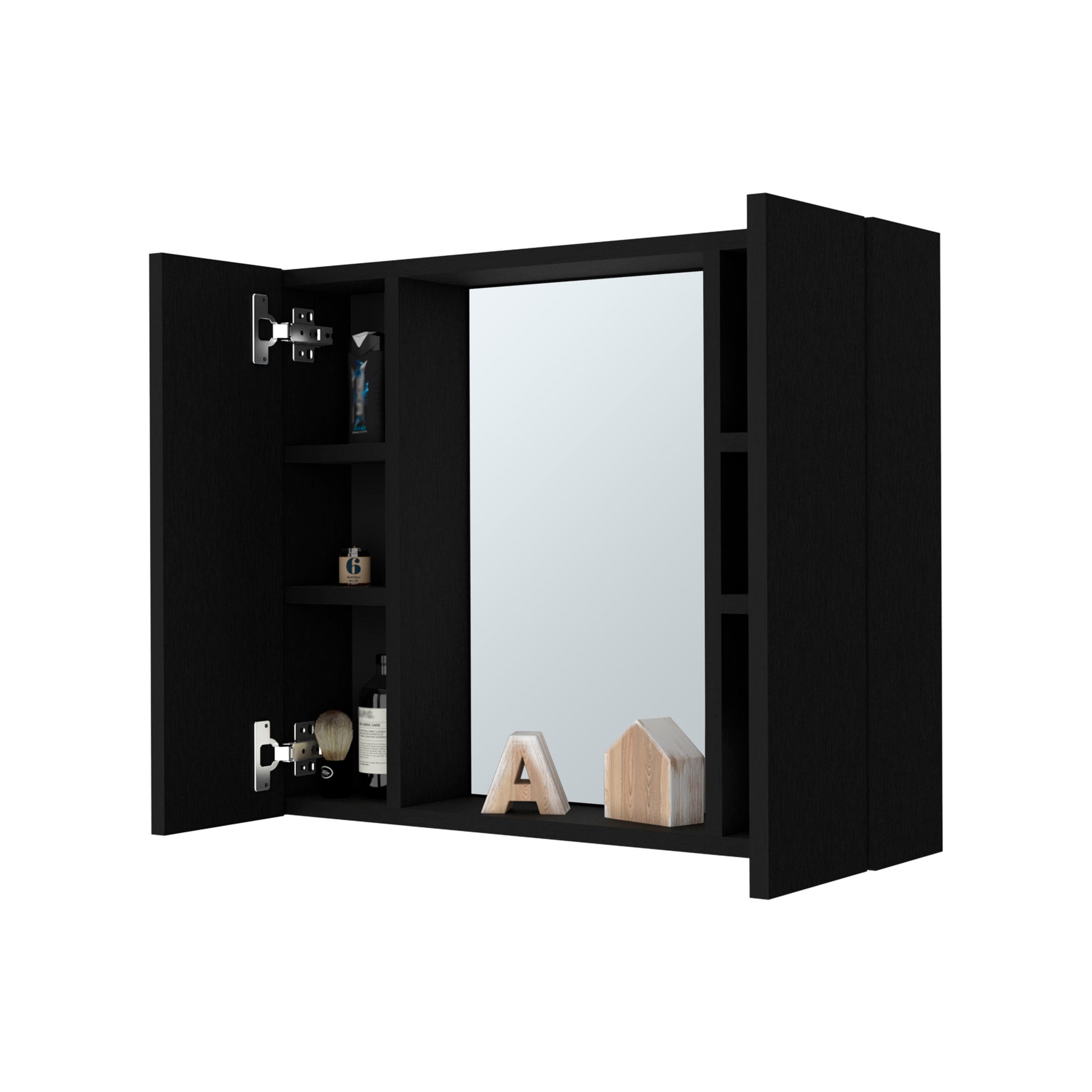Black bathroom medicine cabinet with mirrored doors and interior shelves