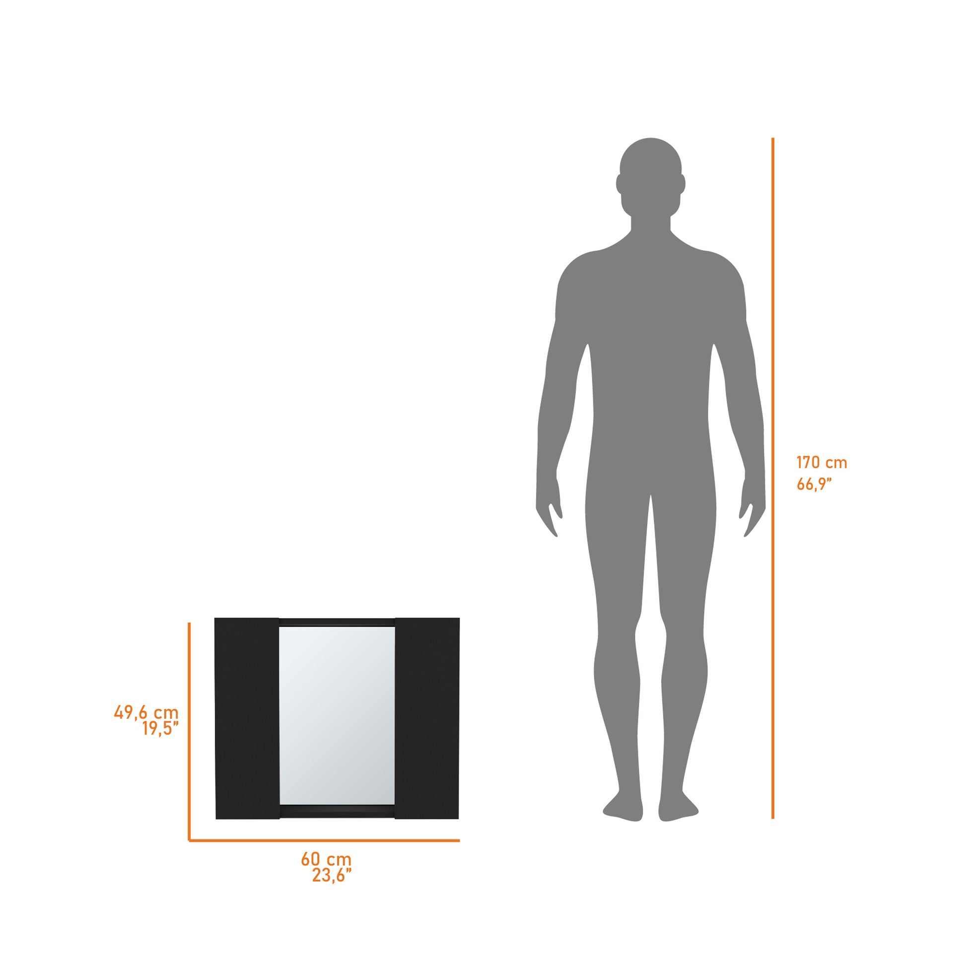 Black minimalist bedside table with dimensions cm x cm shown with scale