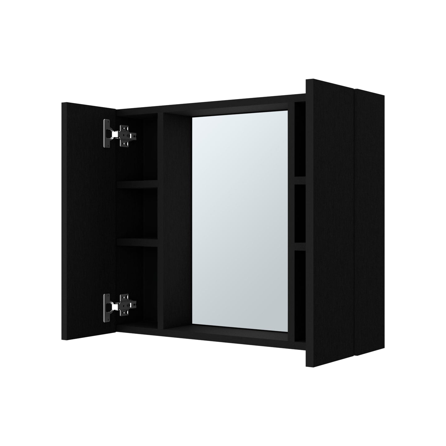 Black modern medicine cabinet with mirrored door and open shelves