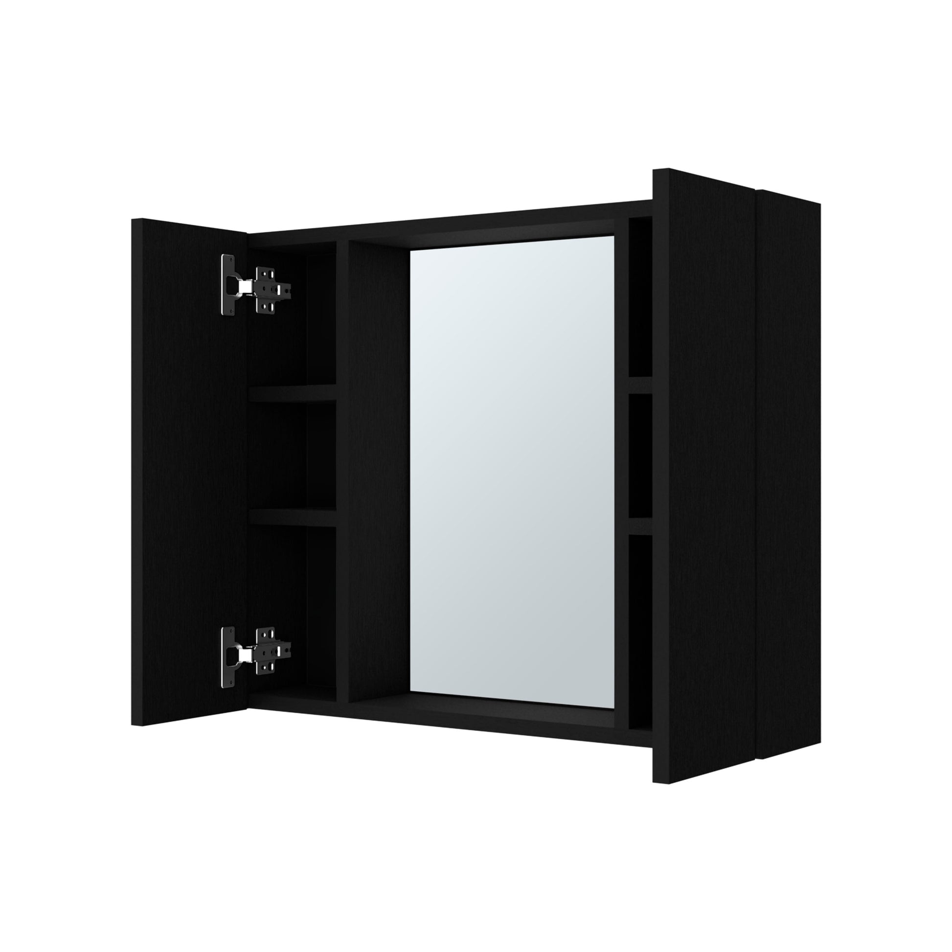 Black modern medicine cabinet with mirrored door and open shelves
