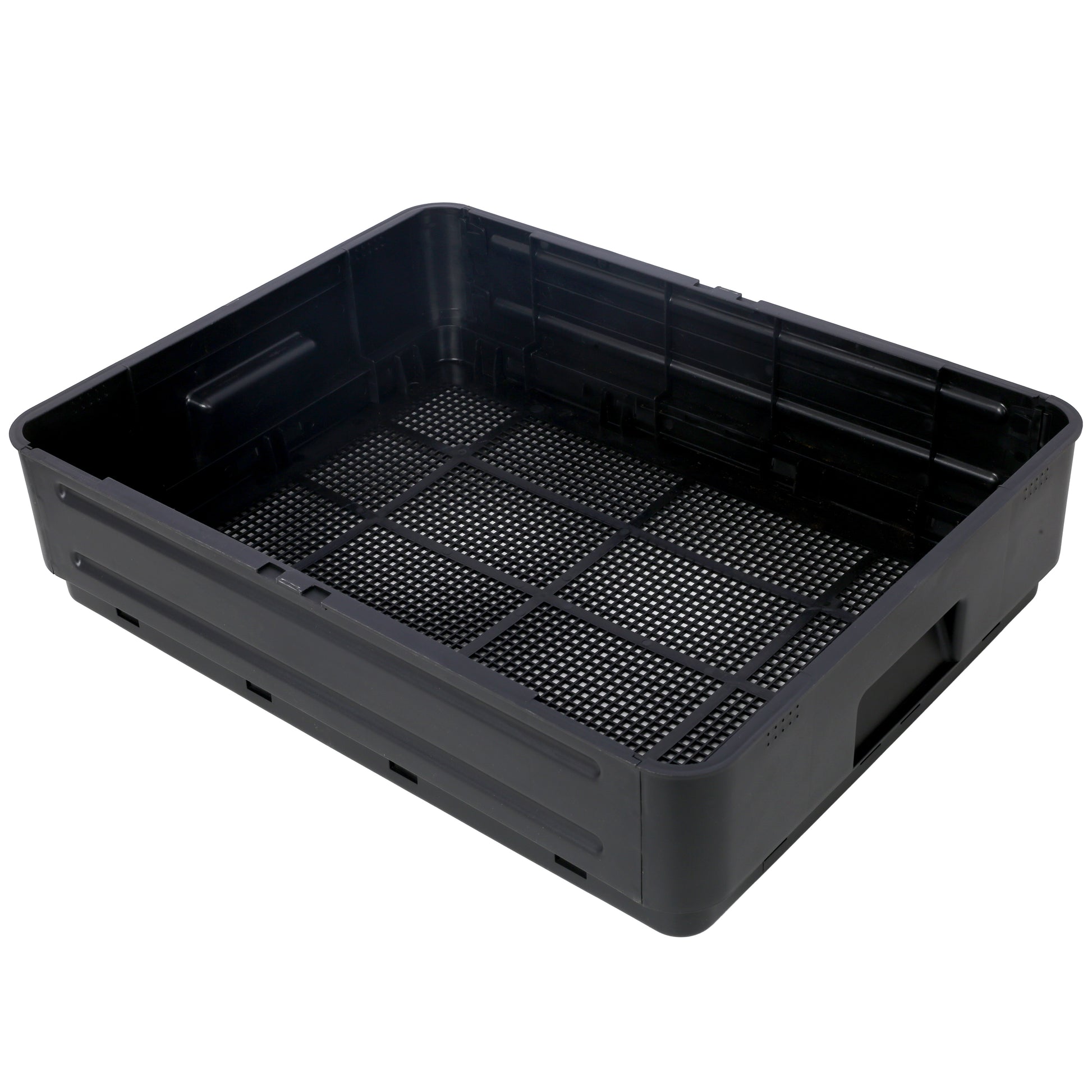 Black perforated plastic tray with ribbed interior and side handles for storage and transport