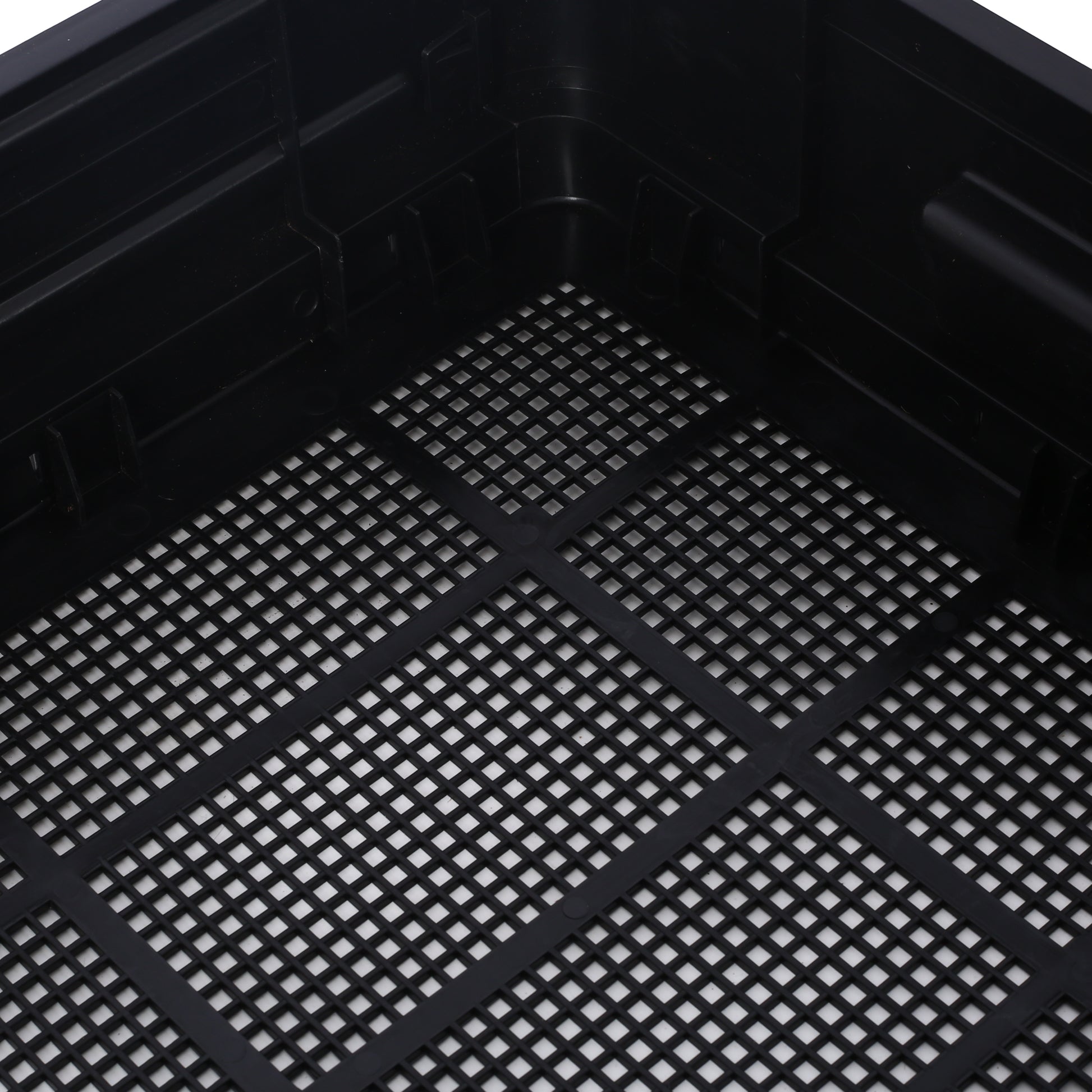 Black plastic hydroponic tray with a perforated grid bottom for drainage