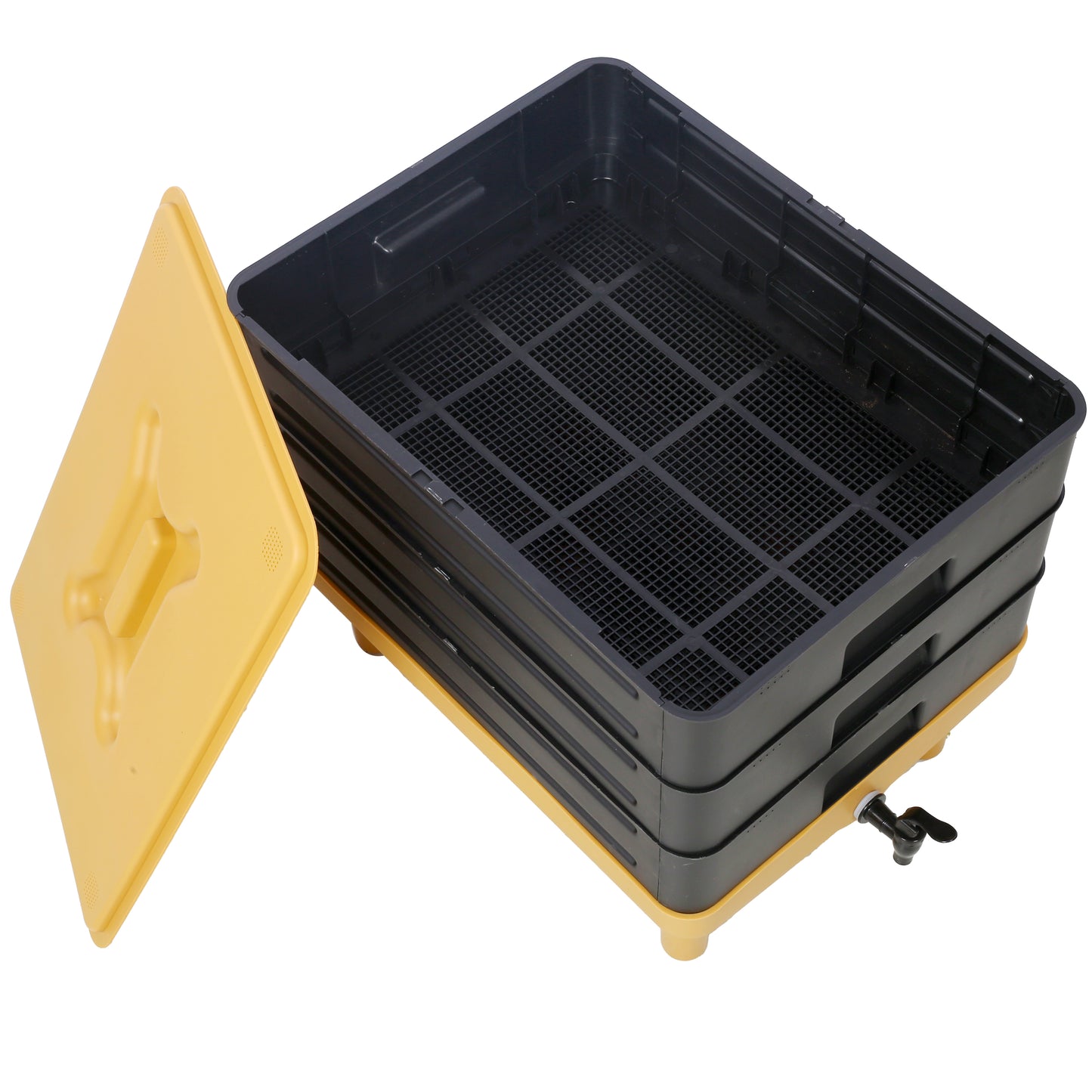 Black multitier compost bin with yellow lid and spigot ideal for urban gardening