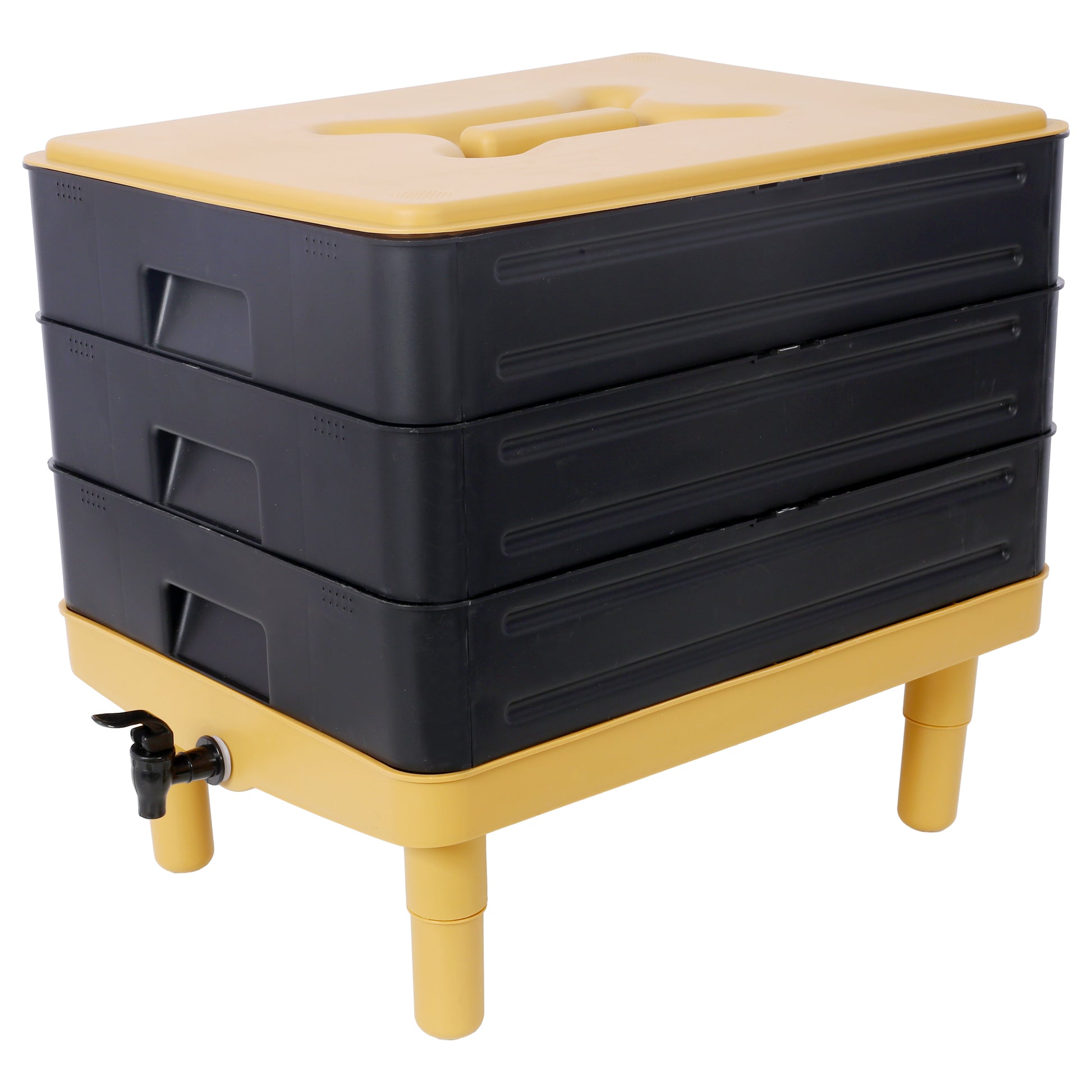 Black and yellow tier compost bin with spigot for urban gardening
