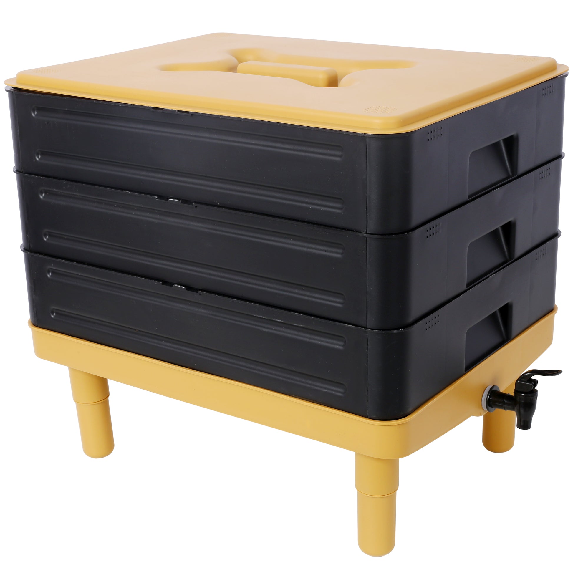 Black and yellow threetier worm composting bin with drainage spigot and aeration vents