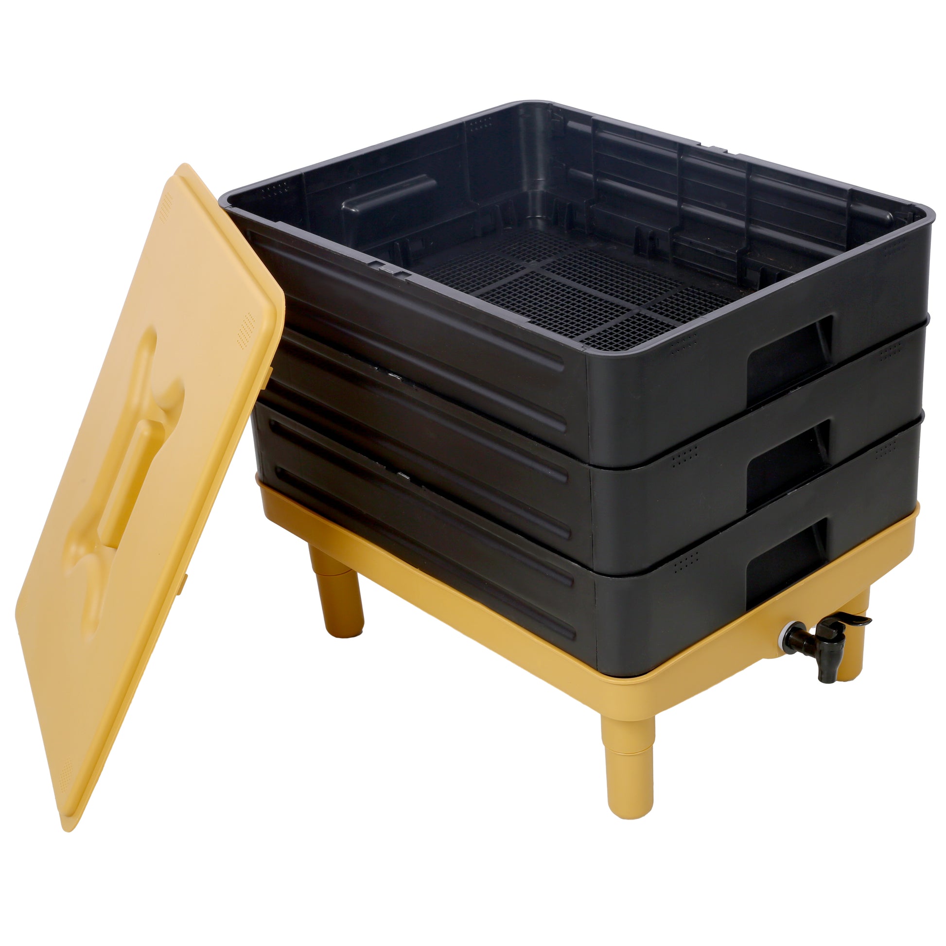 Black threetier compost bin with yellow lid and spigot for vermicomposting