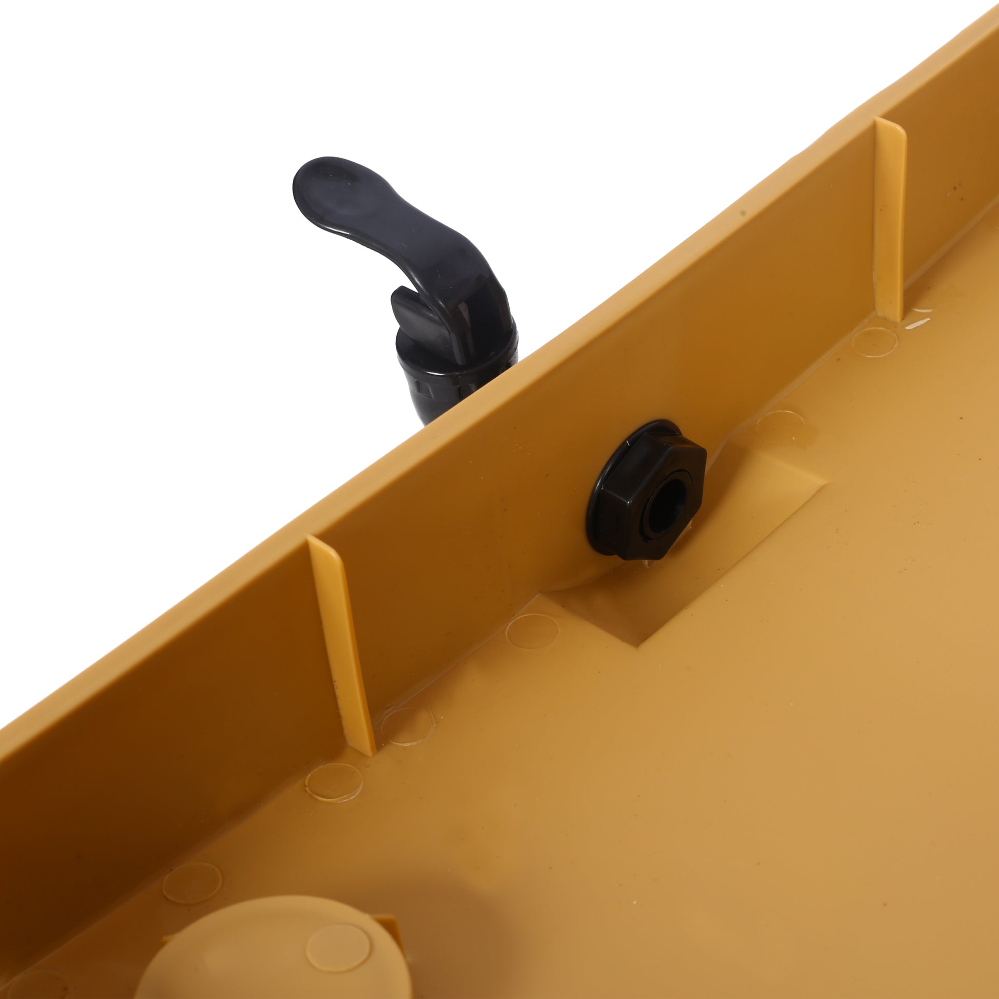 Tan plastic bin corner with black handle attachment point and hex nut