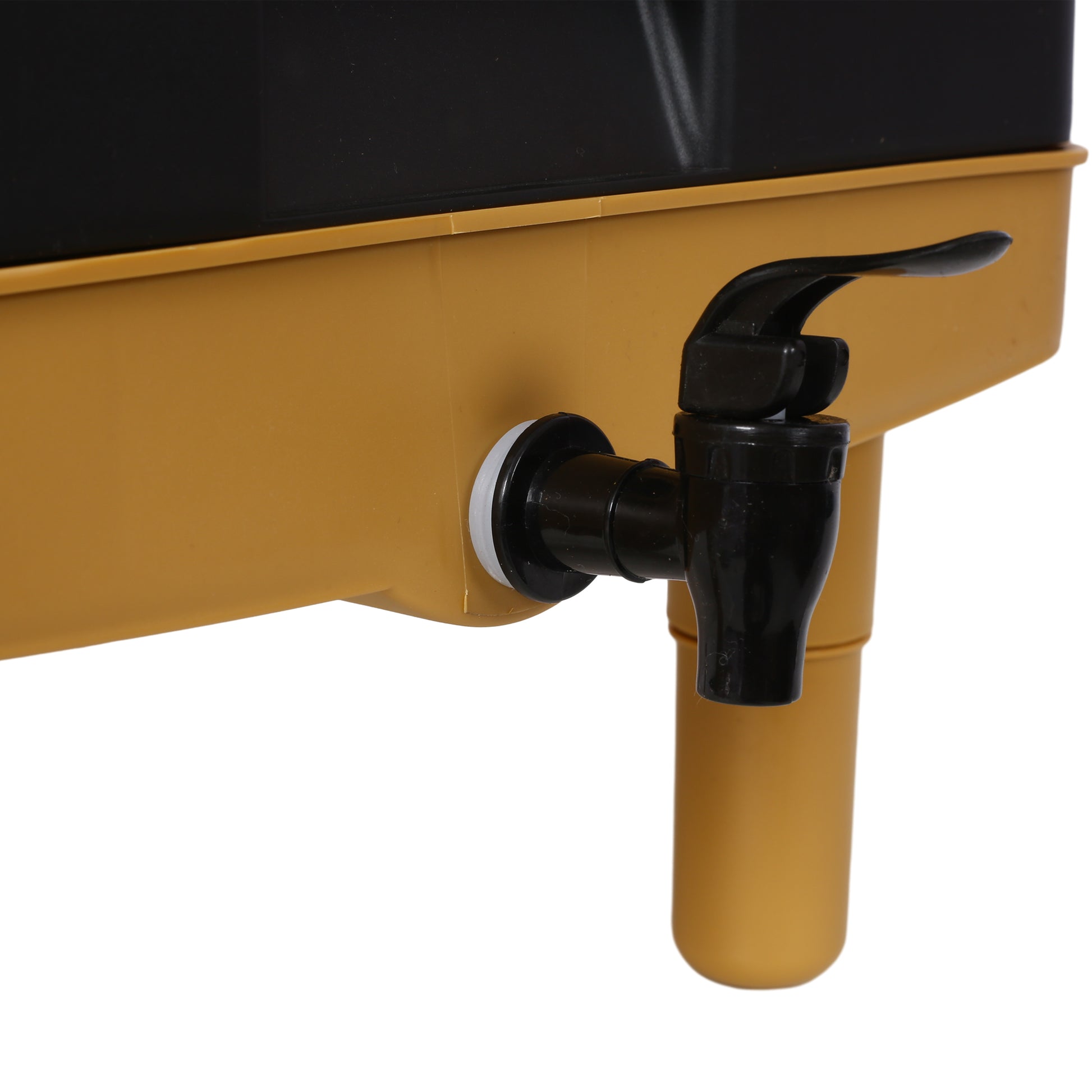 Durable plastic water dispenser with black spigot and white washer